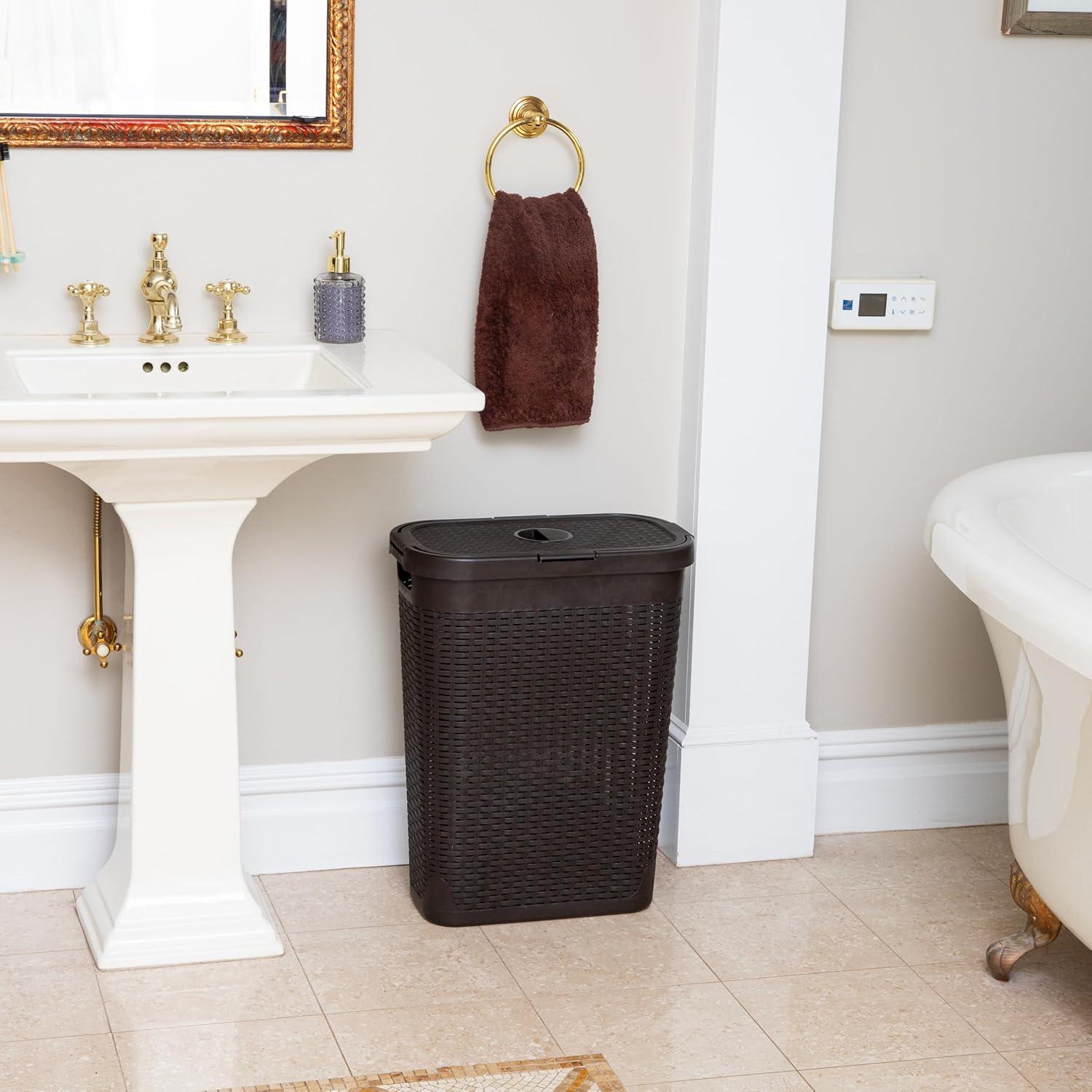 imageMind Reader Slim Laundry Hamper with Lid 40L Clothes Basket Premium Wicker Design Plastic TanBrown