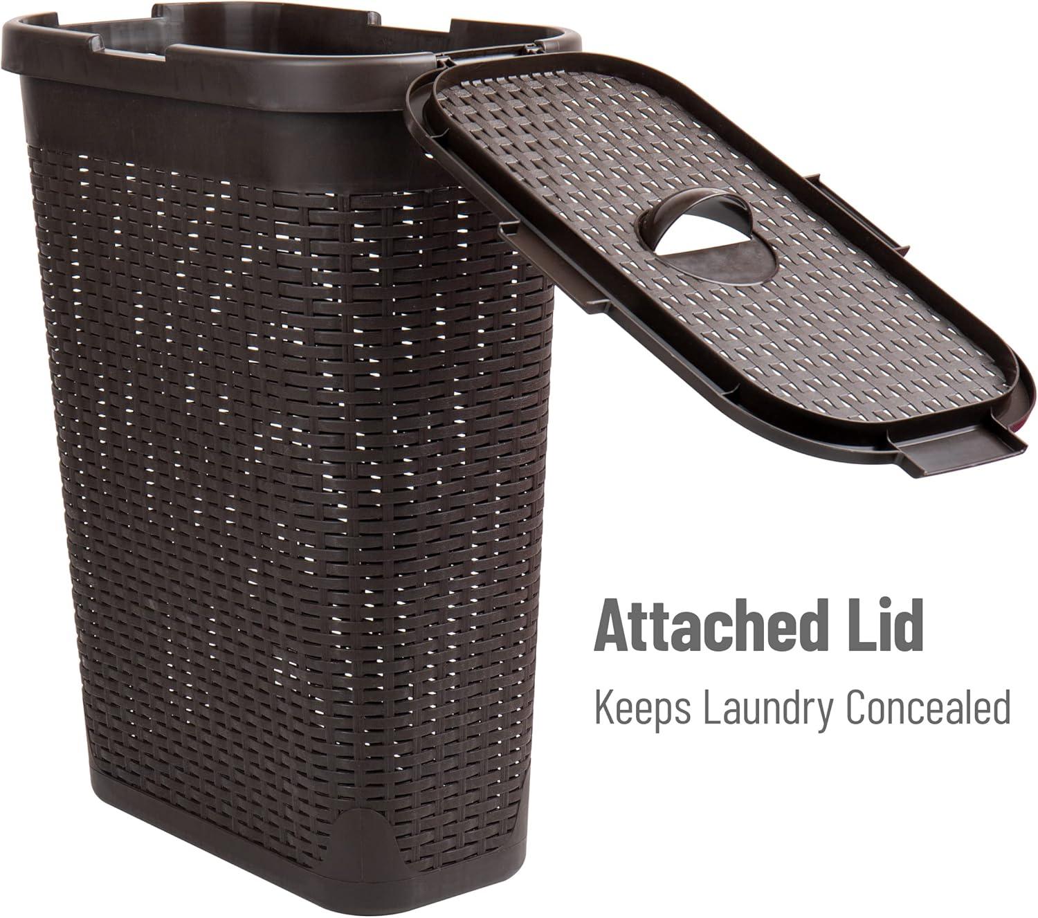 imageMind Reader Slim Laundry Hamper with Lid 40L Clothes Basket Premium Wicker Design Plastic TanBrown