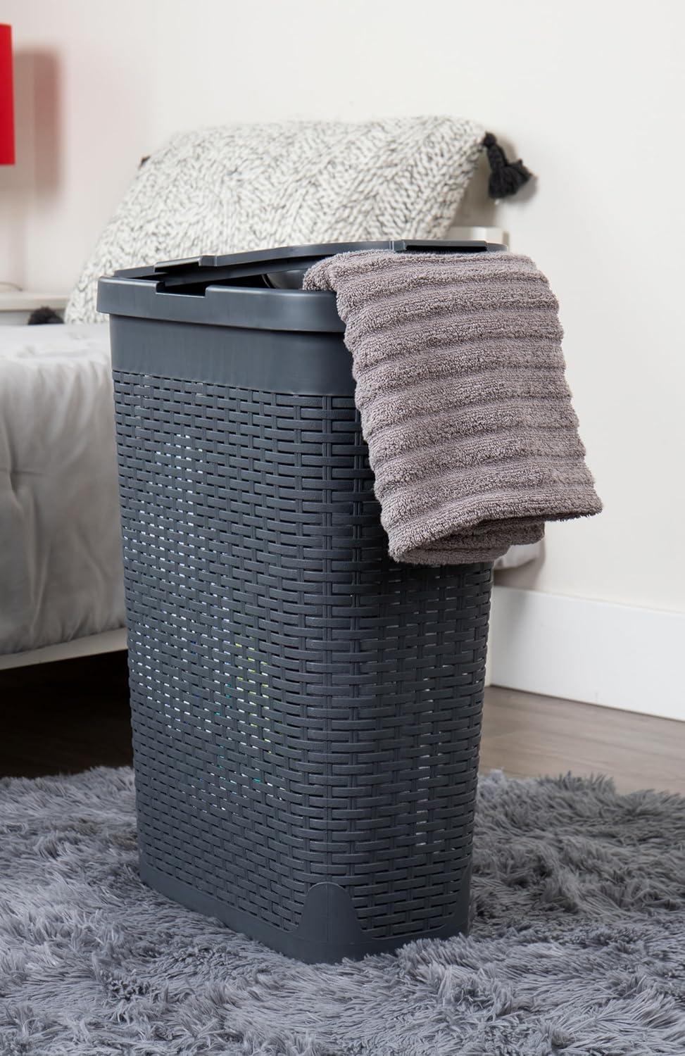 imageMind Reader Slim Laundry Hamper with Lid 40L Clothes Basket Premium Wicker Design Plastic TanGray