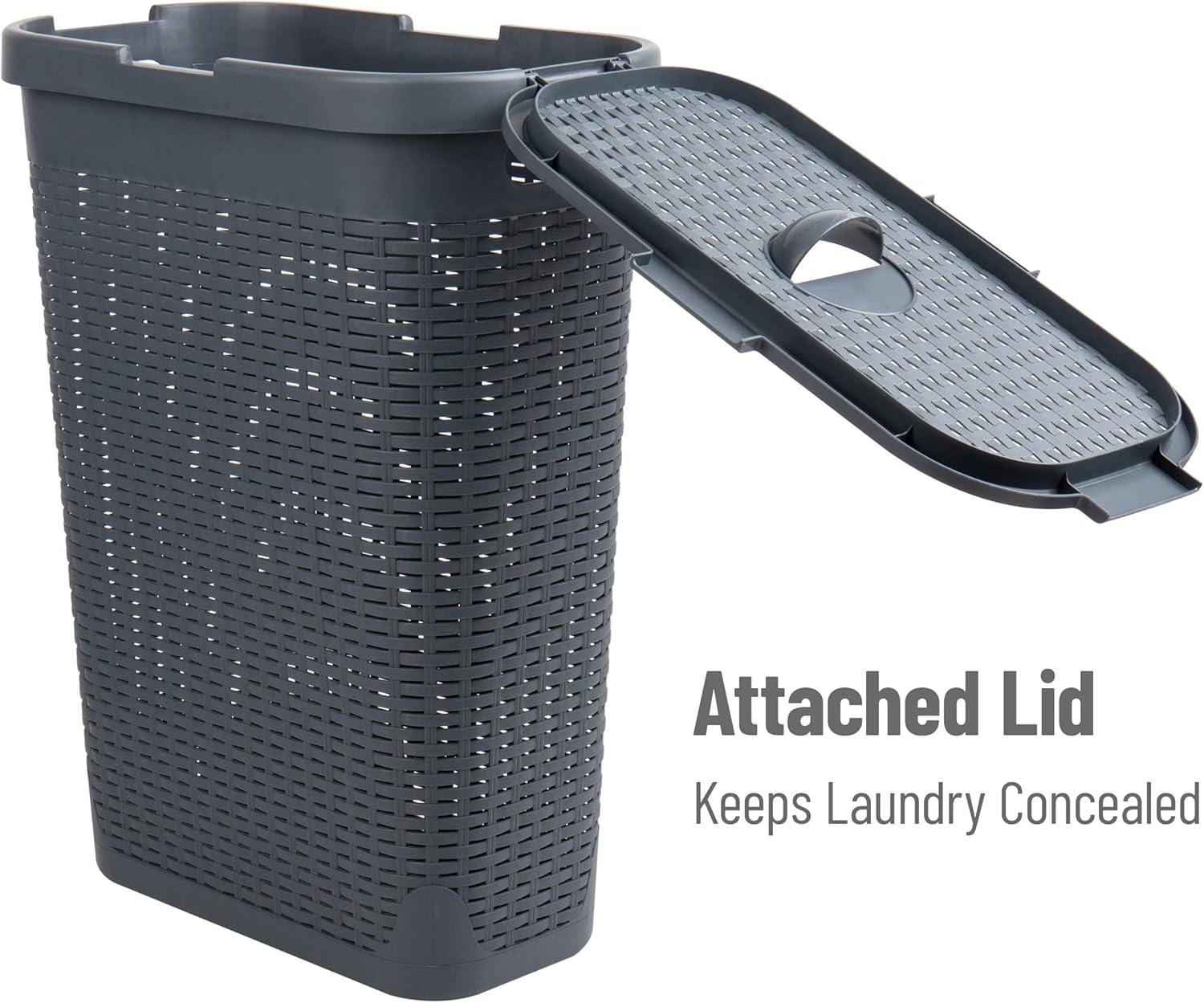 imageMind Reader Slim Laundry Hamper with Lid 40L Clothes Basket Premium Wicker Design Plastic TanGray
