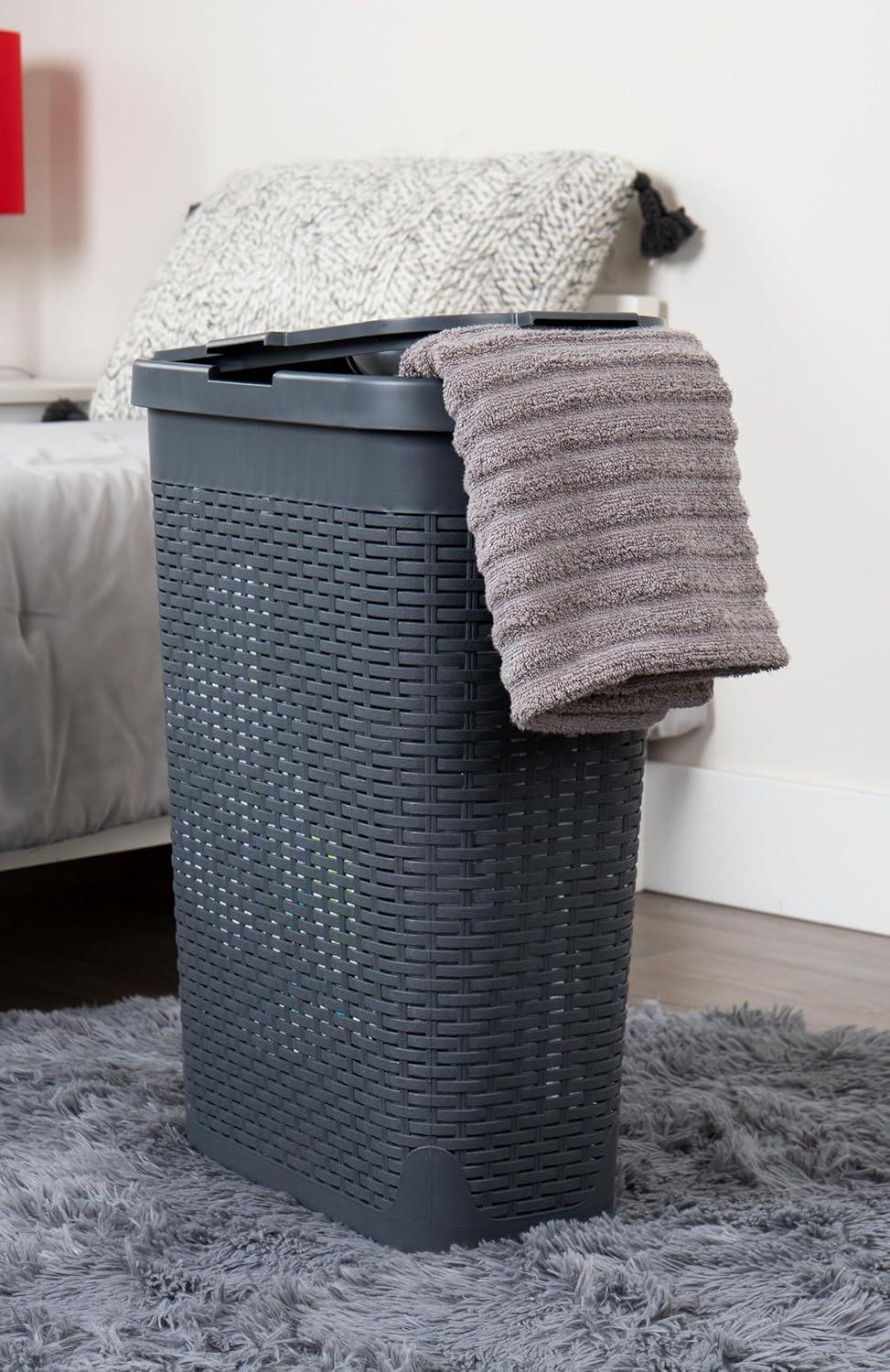 imageMind Reader Slim Laundry Hamper with Lid 40L Clothes Basket Premium Wicker Design Plastic TanGray
