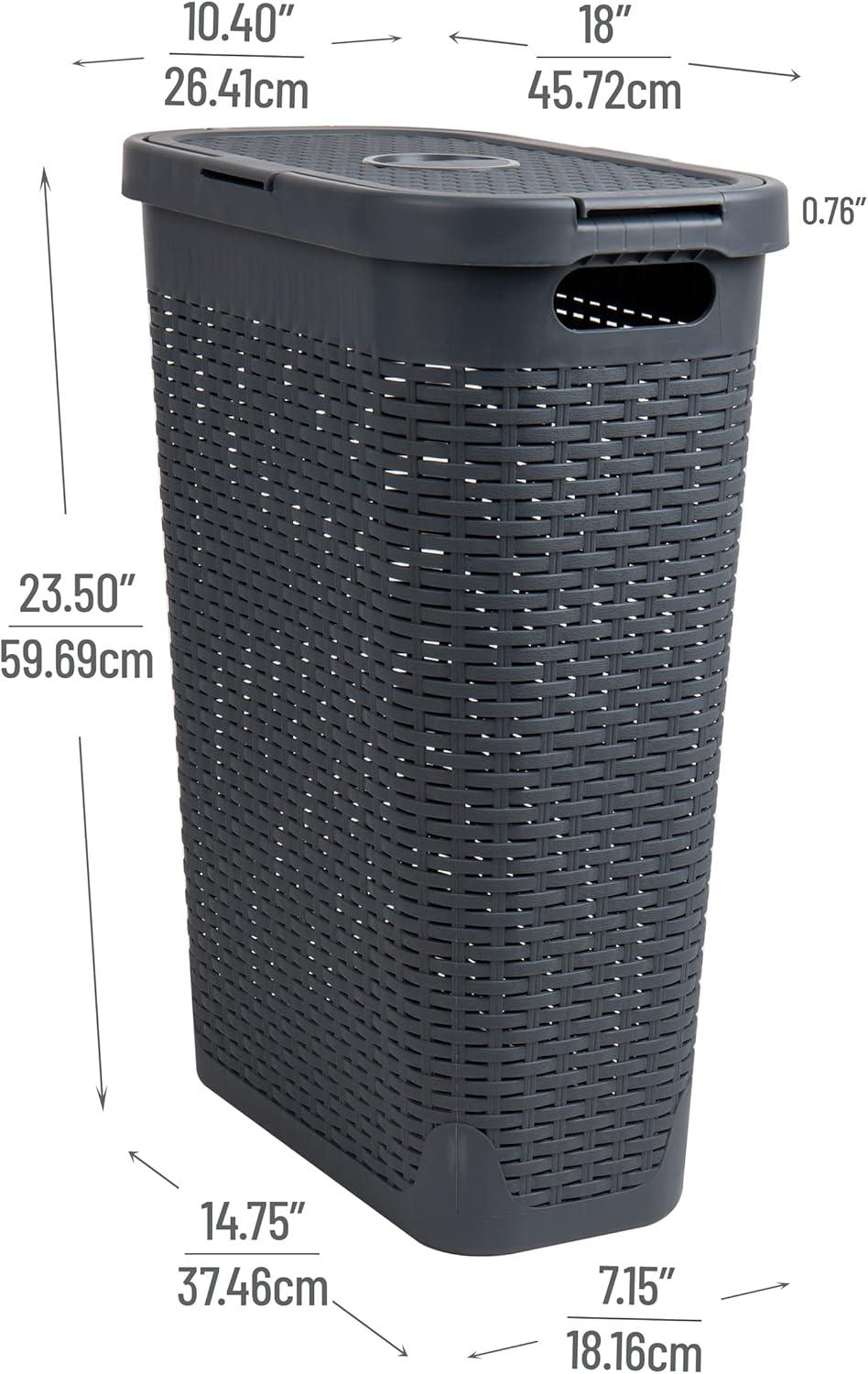 imageMind Reader Slim Laundry Hamper with Lid 40L Clothes Basket Premium Wicker Design Plastic TanGray