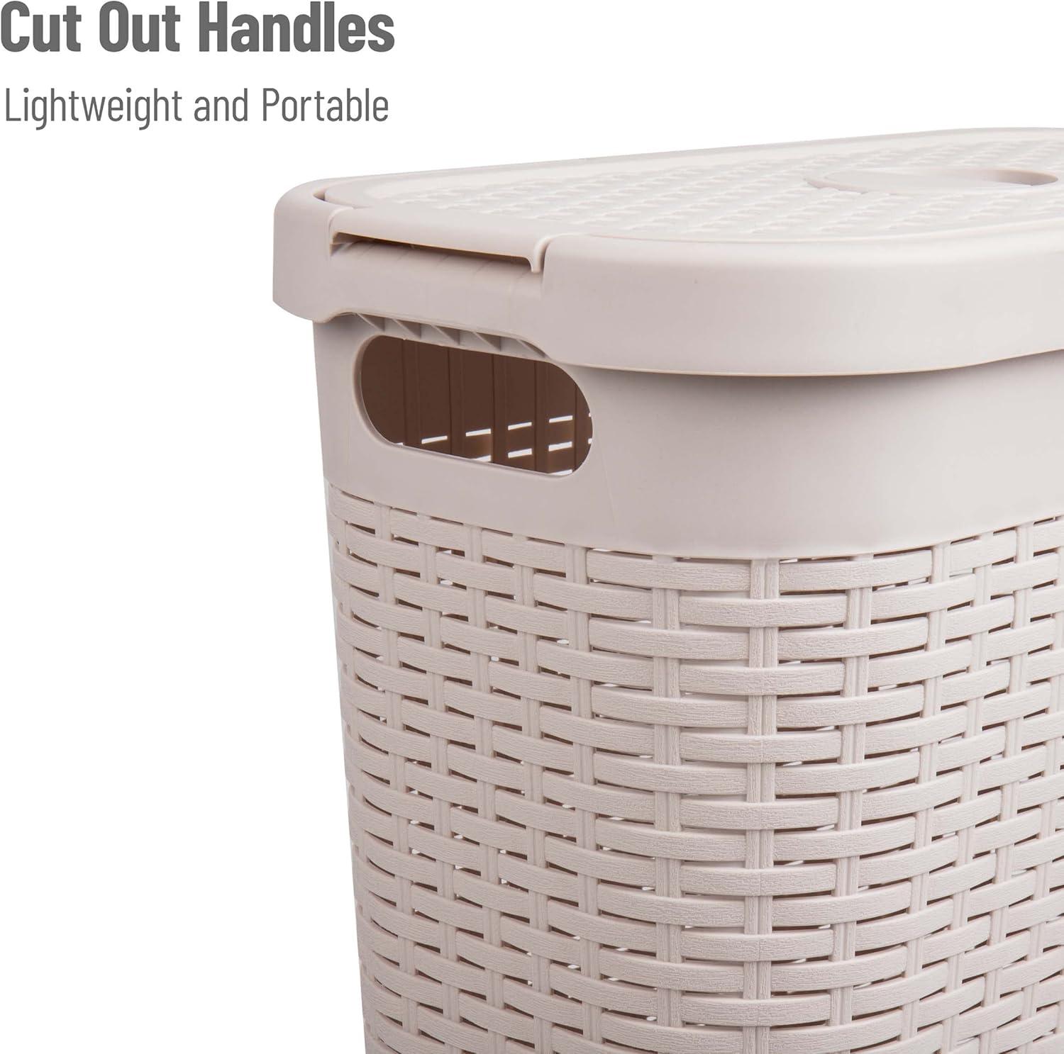 imageMind Reader Slim Laundry Hamper with Lid 40L Clothes Basket Premium Wicker Design Plastic TanIvory