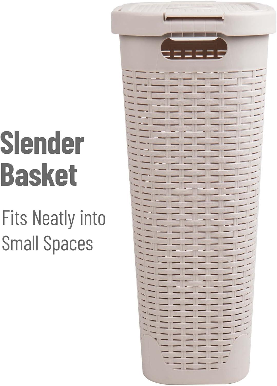 imageMind Reader Slim Laundry Hamper with Lid 40L Clothes Basket Premium Wicker Design Plastic TanIvory