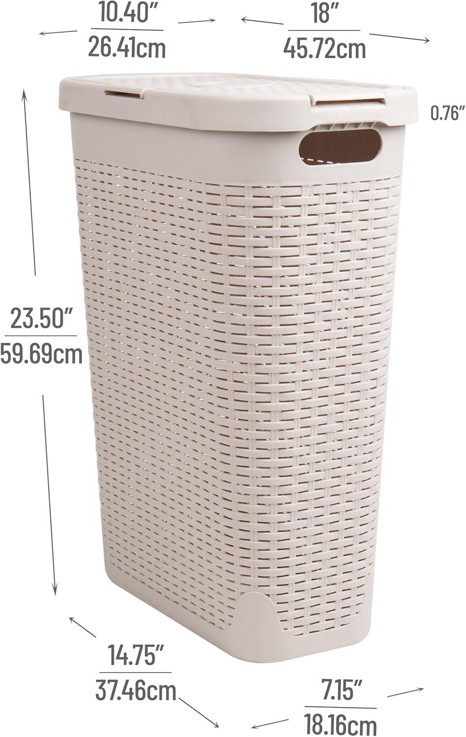 imageMind Reader Slim Laundry Hamper with Lid 40L Clothes Basket Premium Wicker Design Plastic TanIvory