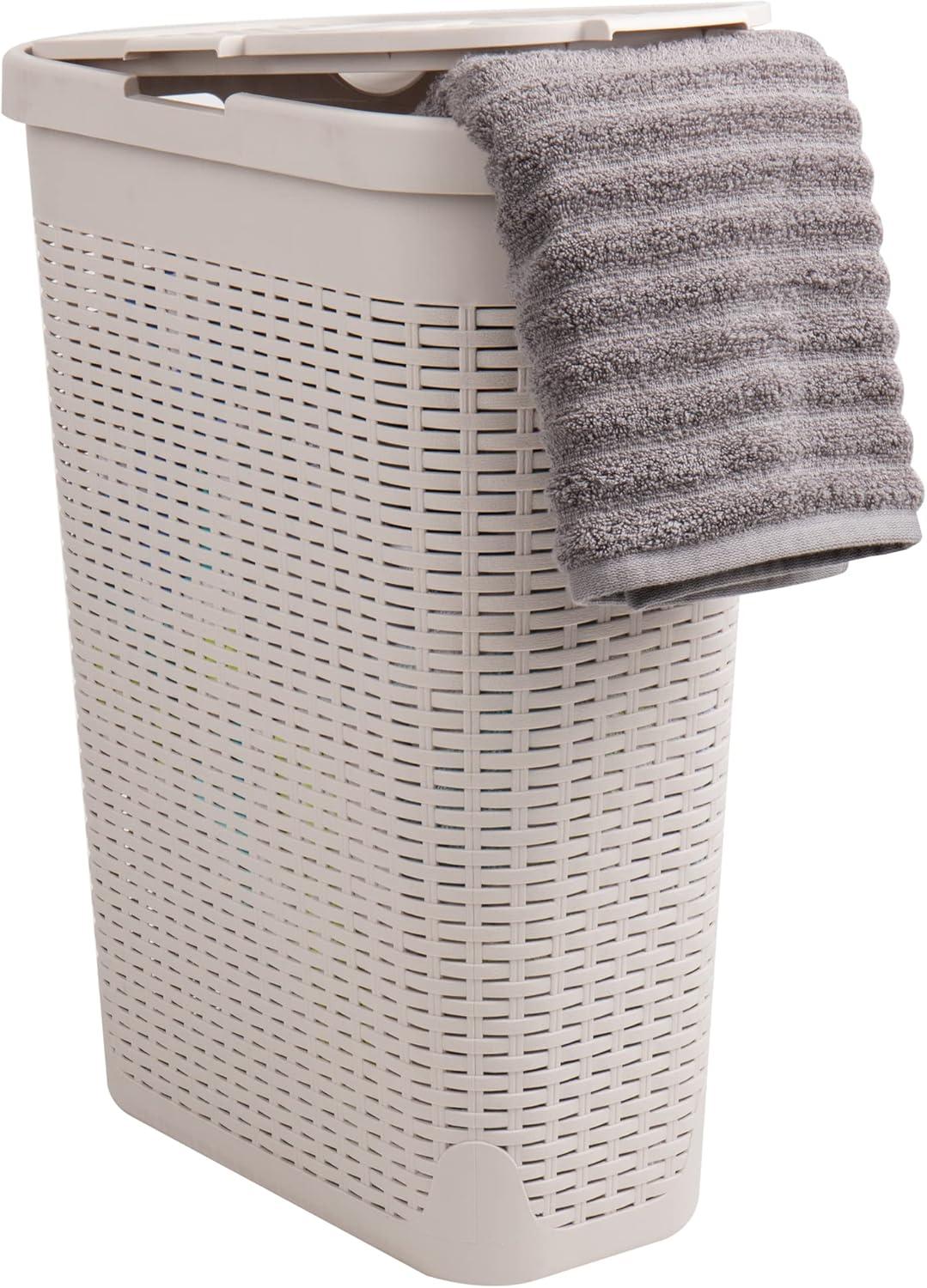 imageMind Reader Slim Laundry Hamper with Lid 40L Clothes Basket Premium Wicker Design Plastic TanIvory