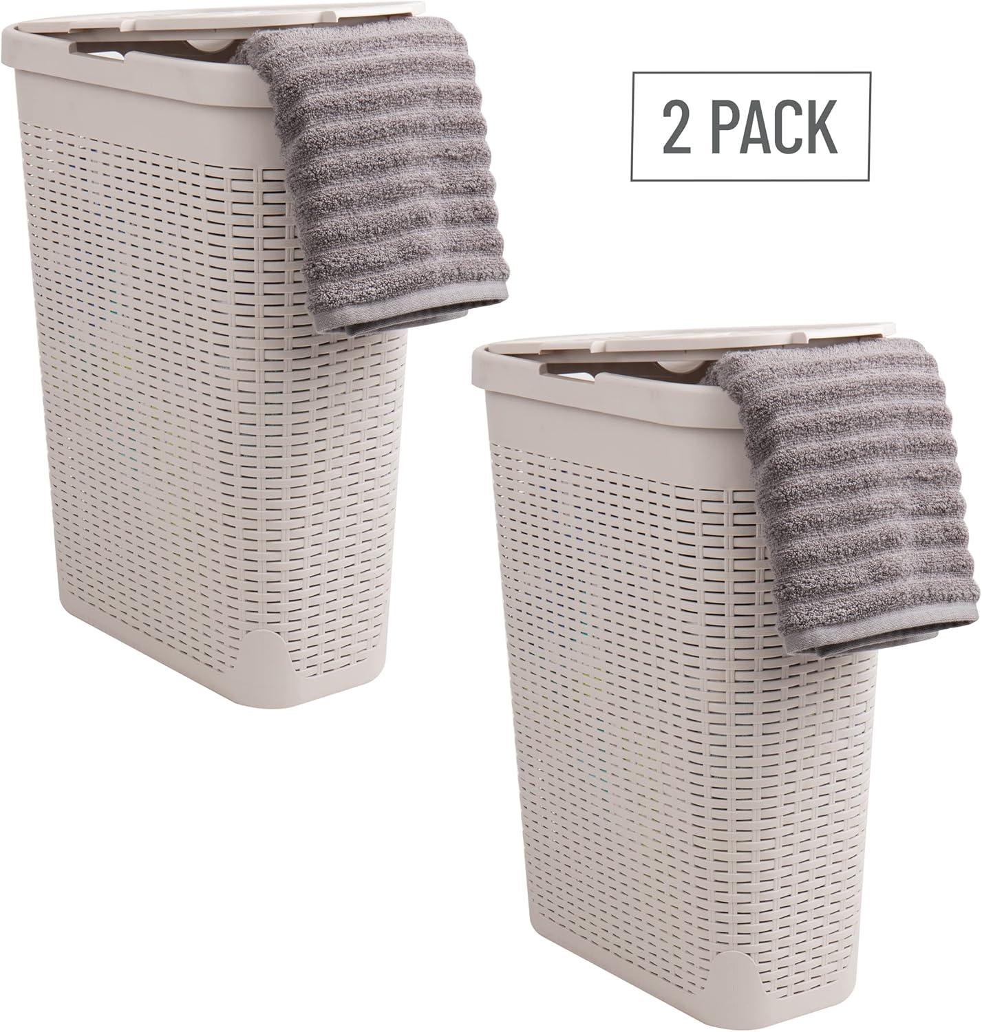 imageMind Reader Slim Laundry Hamper with Lid 40L Clothes Basket Premium Wicker Design Plastic TanIvory