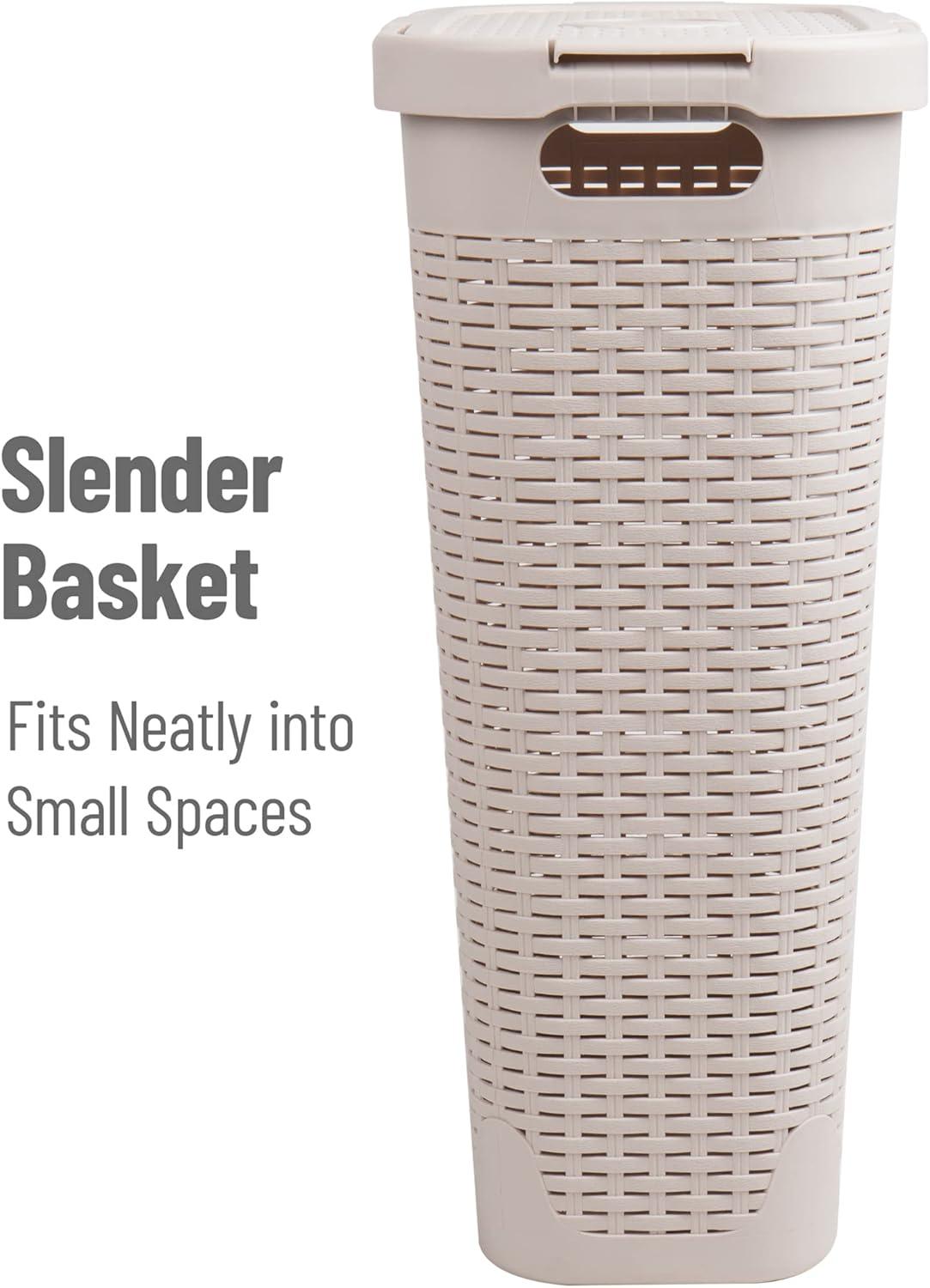 imageMind Reader Slim Laundry Hamper with Lid 40L Clothes Basket Premium Wicker Design Plastic TanIvory