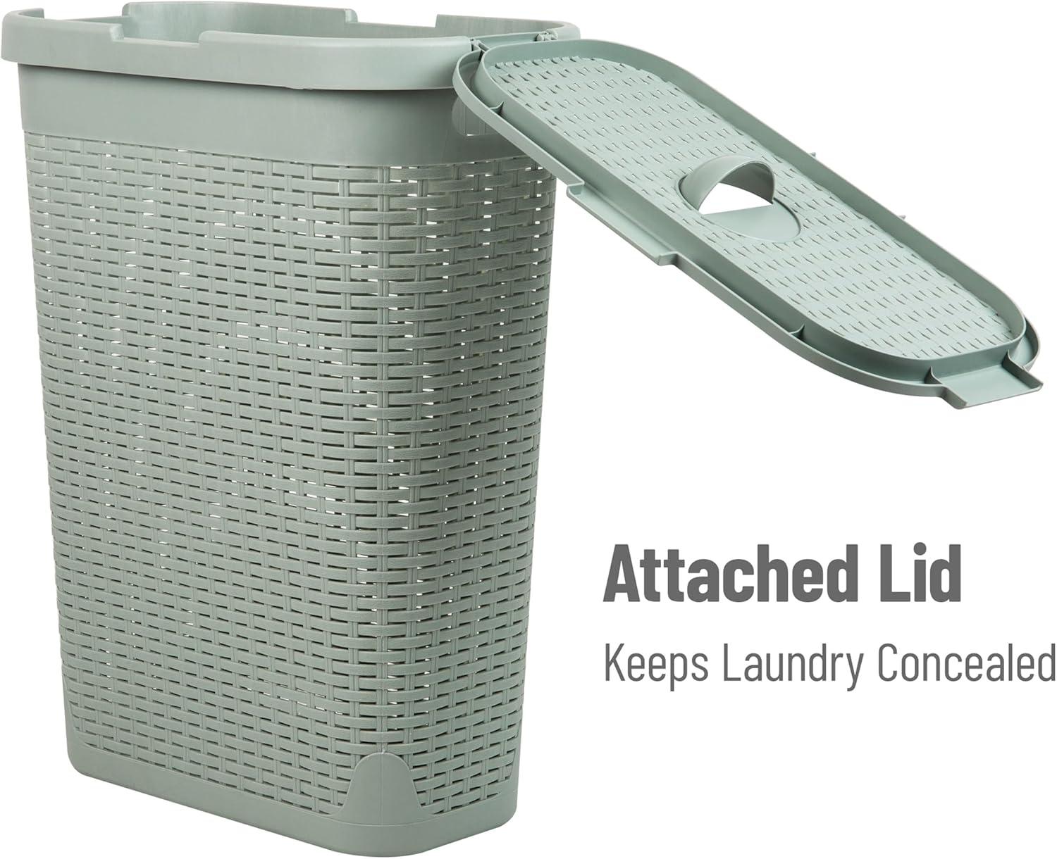 imageMind Reader Slim Laundry Hamper with Lid 40L Clothes Basket Premium Wicker Design Plastic TanMint