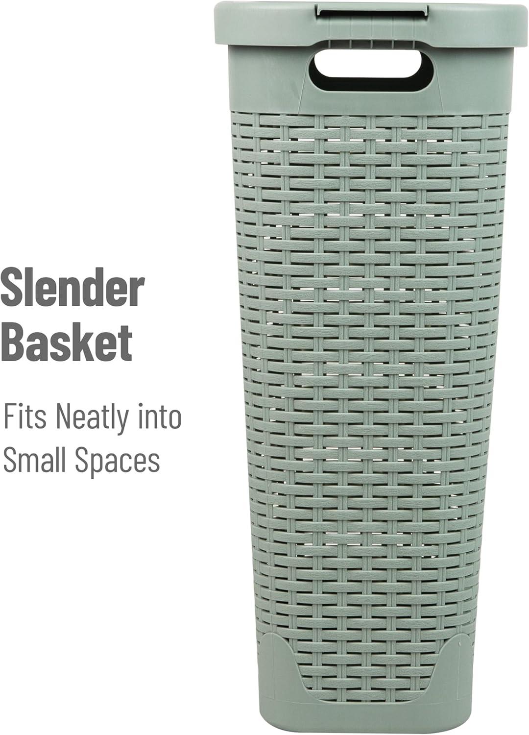 imageMind Reader Slim Laundry Hamper with Lid 40L Clothes Basket Premium Wicker Design Plastic TanMint