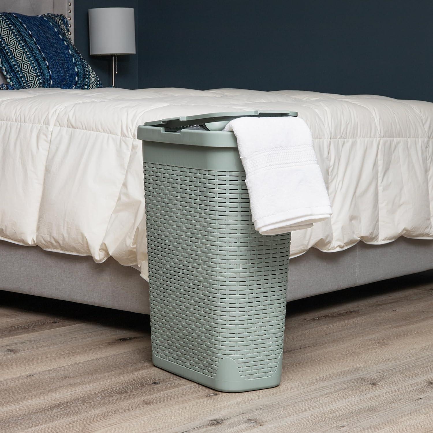 imageMind Reader Slim Laundry Hamper with Lid 40L Clothes Basket Premium Wicker Design Plastic TanMint