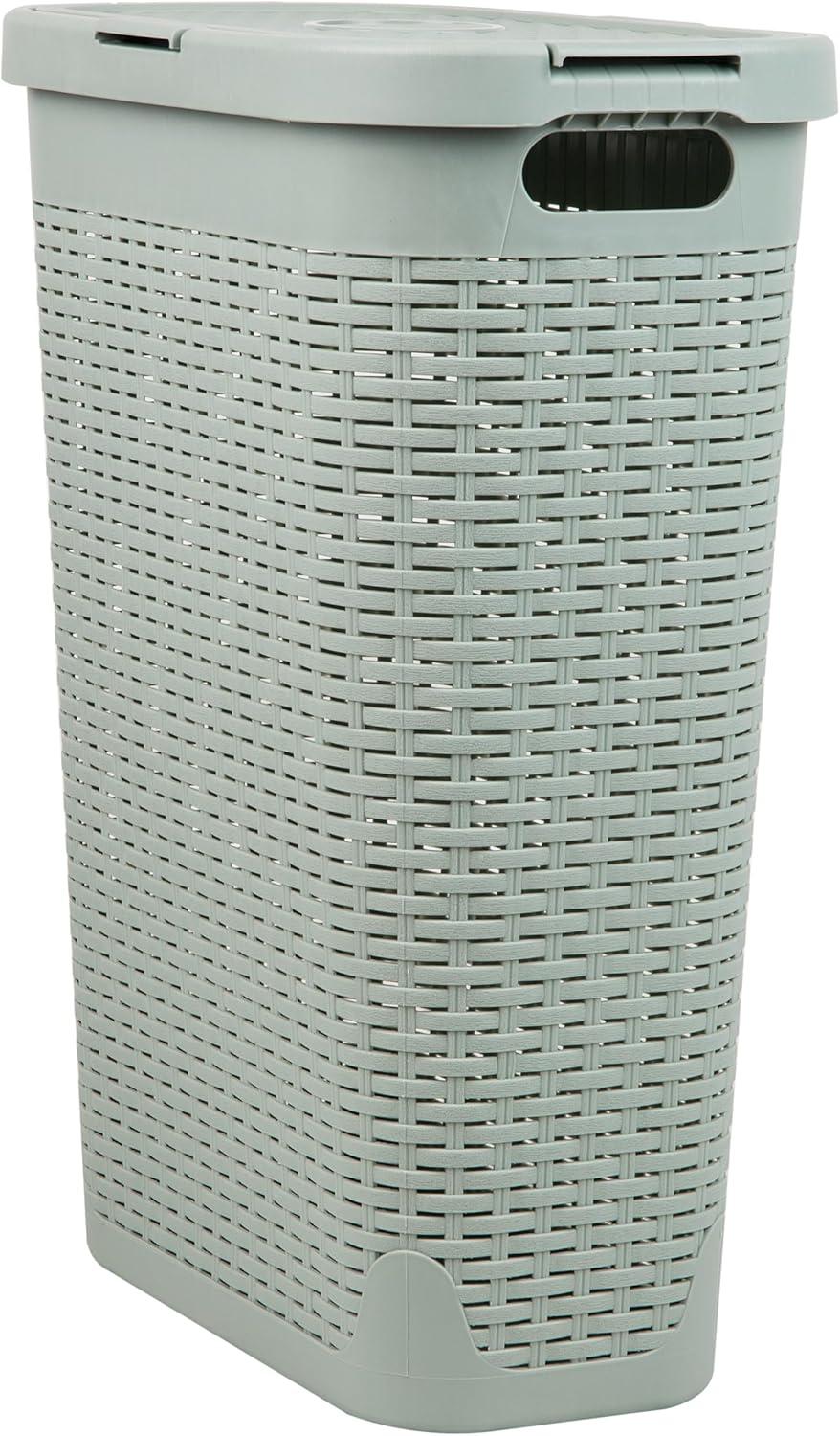 imageMind Reader Slim Laundry Hamper with Lid 40L Clothes Basket Premium Wicker Design Plastic TanMint