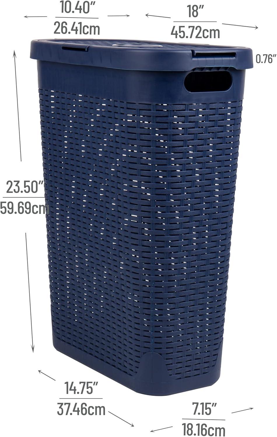 imageMind Reader Slim Laundry Hamper with Lid 40L Clothes Basket Premium Wicker Design Plastic TanNavy