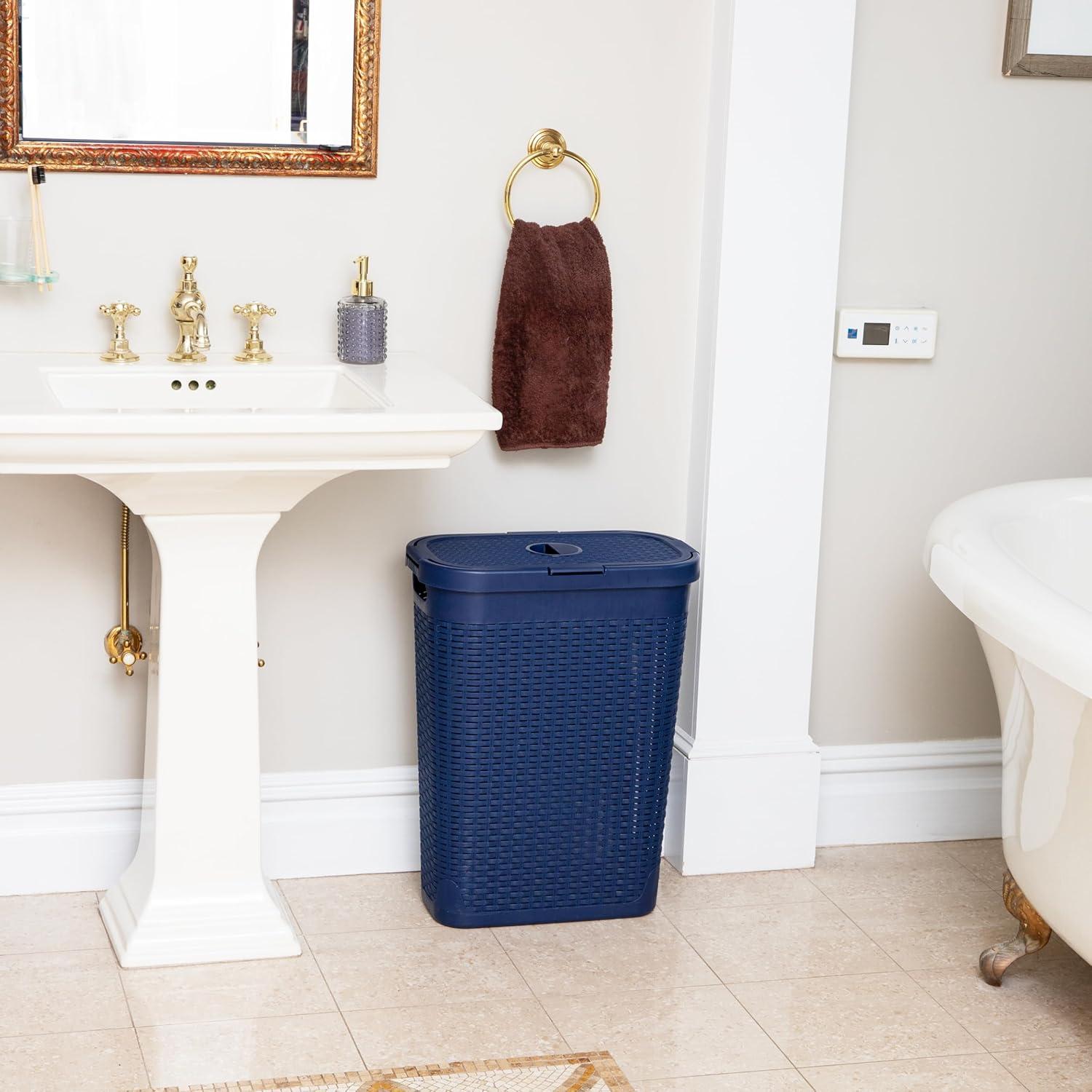 imageMind Reader Slim Laundry Hamper with Lid 40L Clothes Basket Premium Wicker Design Plastic TanNavy