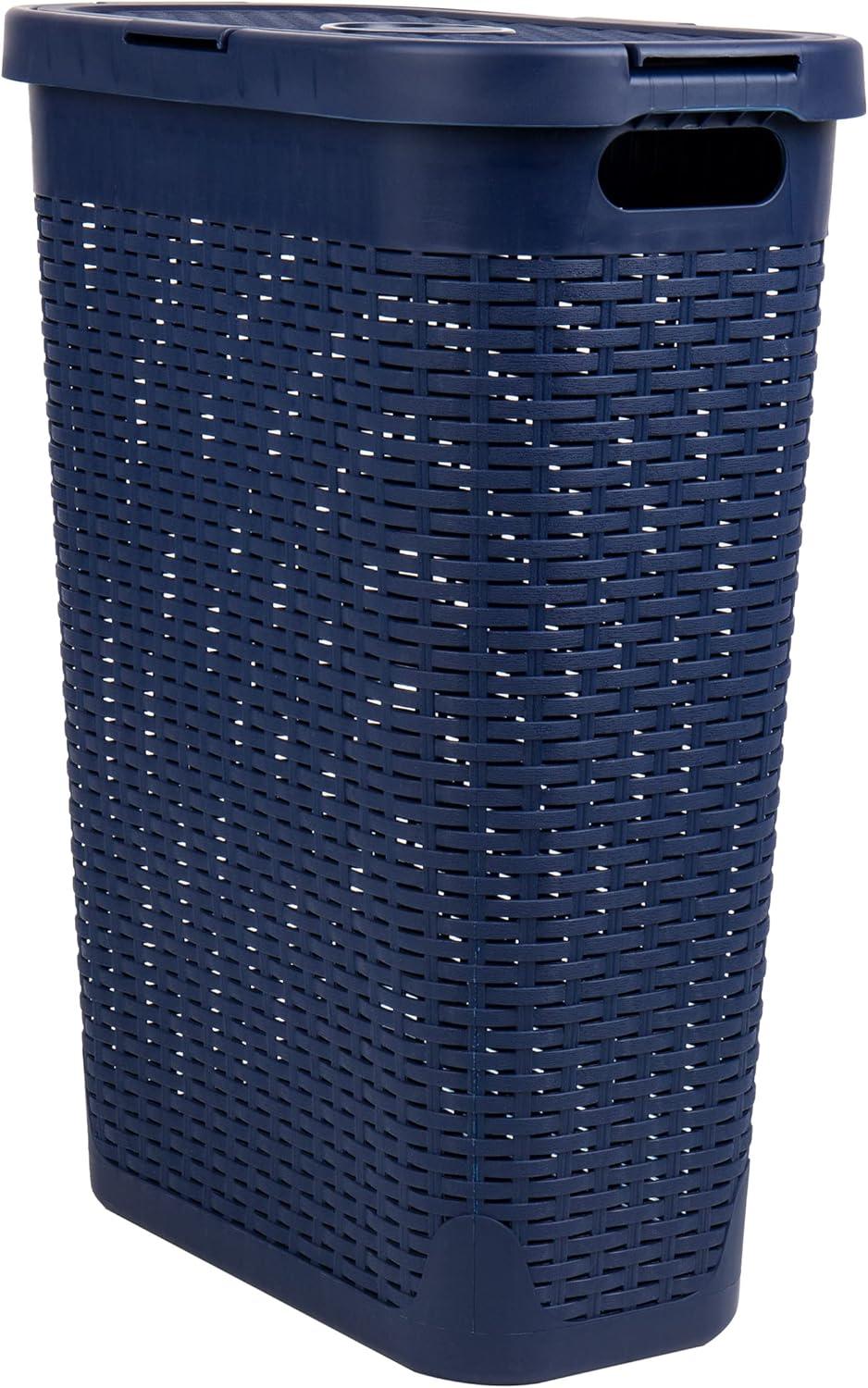 imageMind Reader Slim Laundry Hamper with Lid 40L Clothes Basket Premium Wicker Design Plastic TanNavy