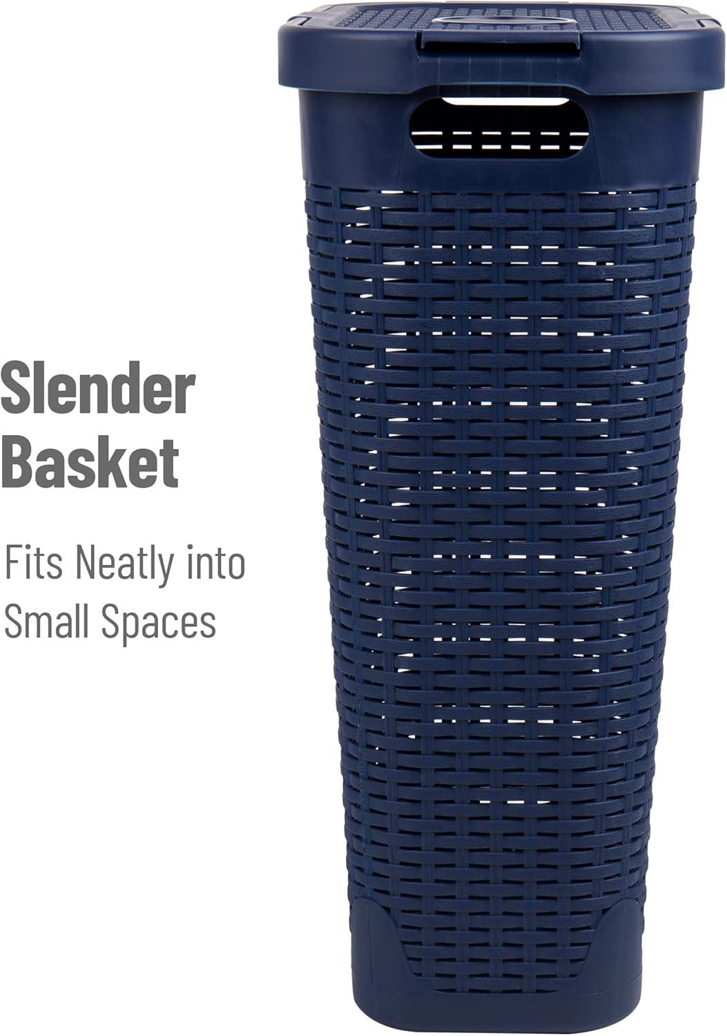 imageMind Reader Slim Laundry Hamper with Lid 40L Clothes Basket Premium Wicker Design Plastic TanNavy