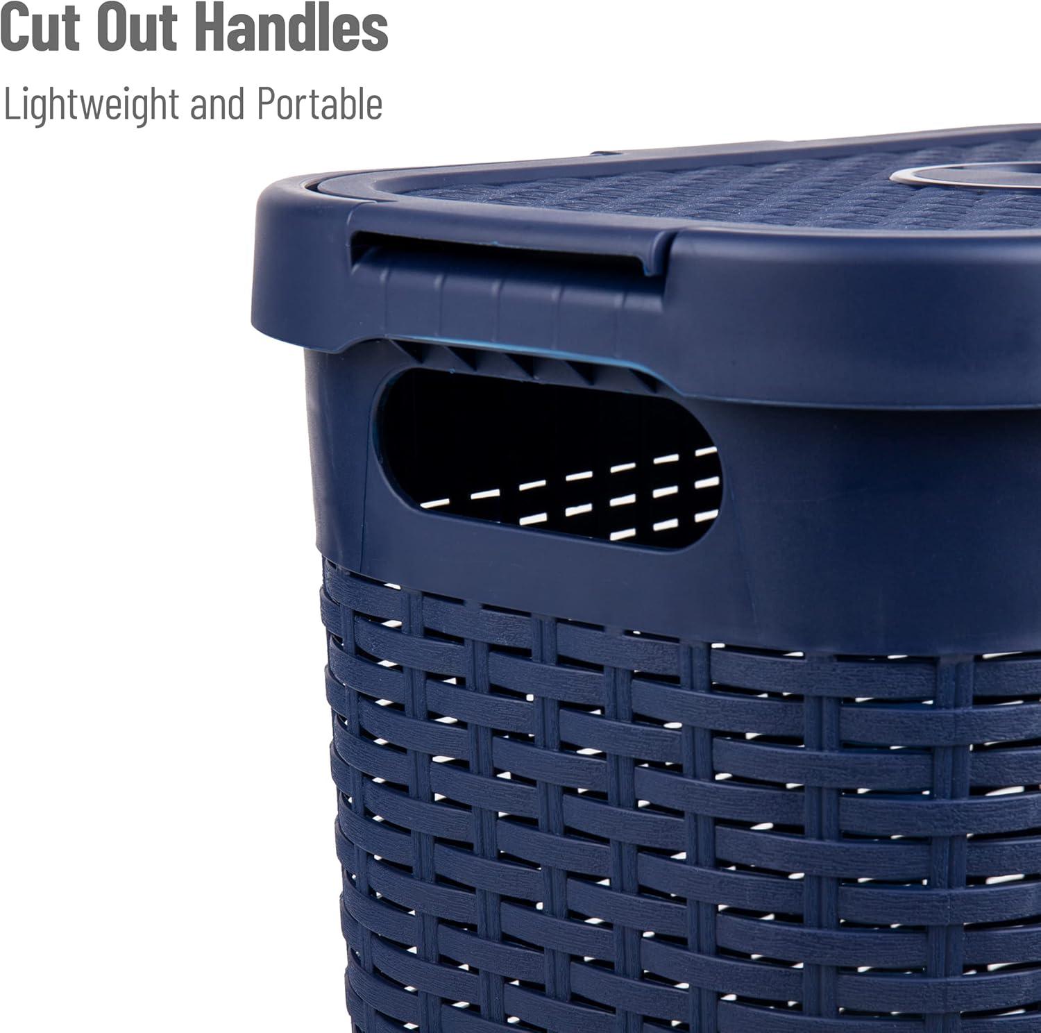 imageMind Reader Slim Laundry Hamper with Lid 40L Clothes Basket Premium Wicker Design Plastic TanNavy