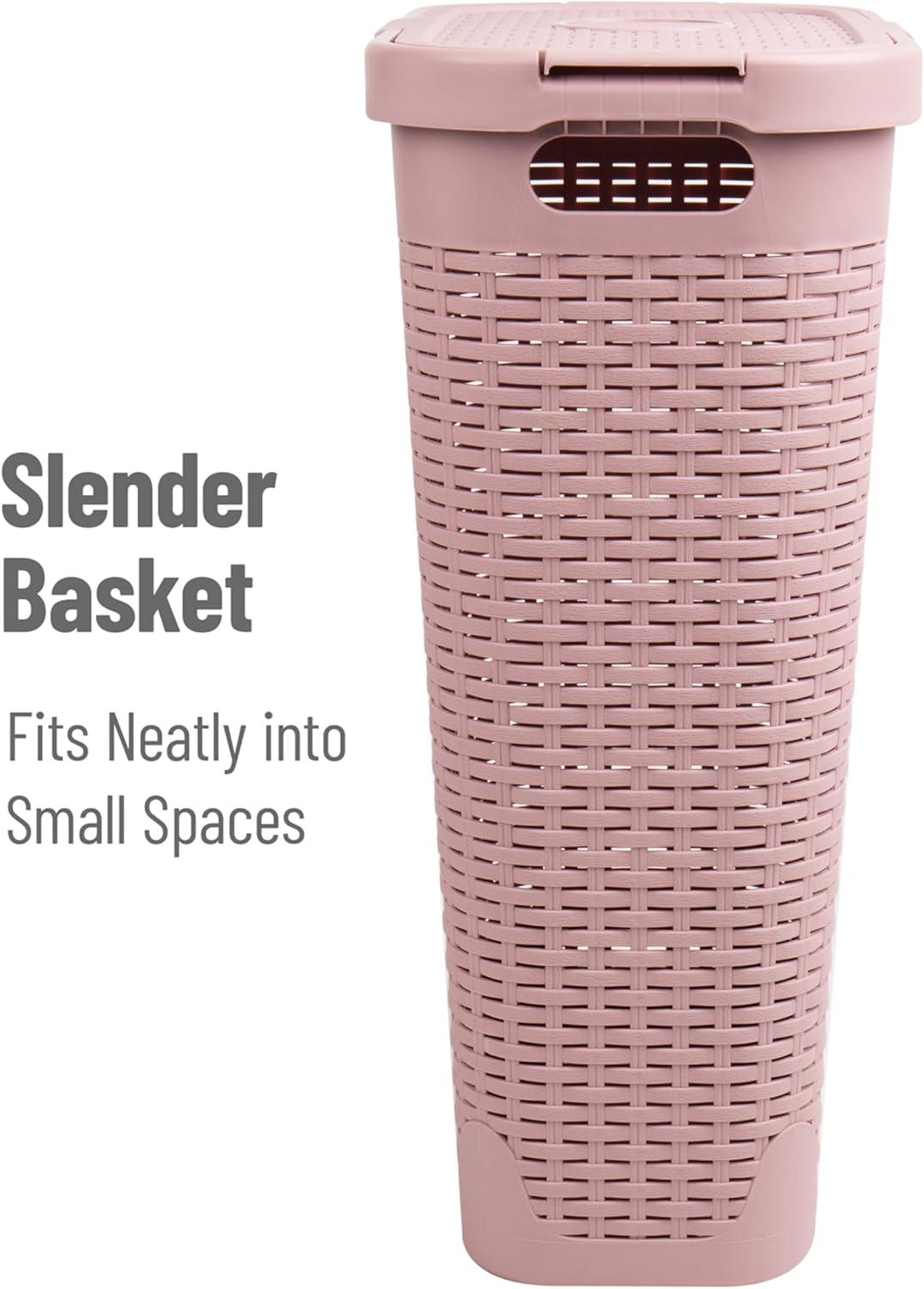 imageMind Reader Slim Laundry Hamper with Lid 40L Clothes Basket Premium Wicker Design Plastic TanPink