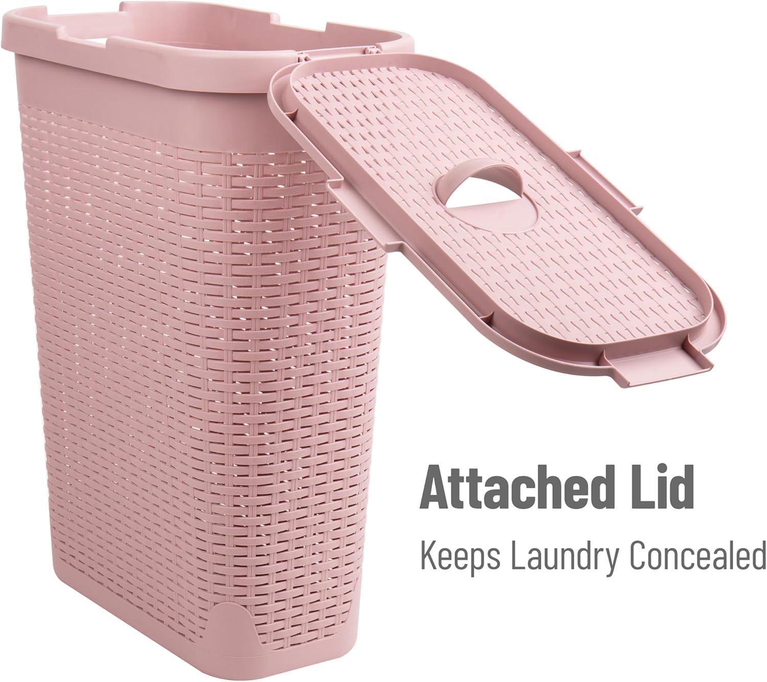 imageMind Reader Slim Laundry Hamper with Lid 40L Clothes Basket Premium Wicker Design Plastic TanPink