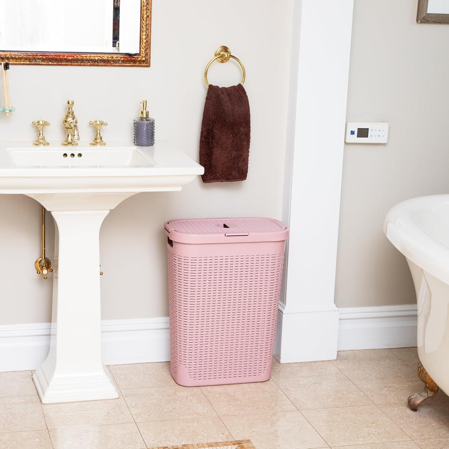 imageMind Reader Slim Laundry Hamper with Lid 40L Clothes Basket Premium Wicker Design Plastic TanPink