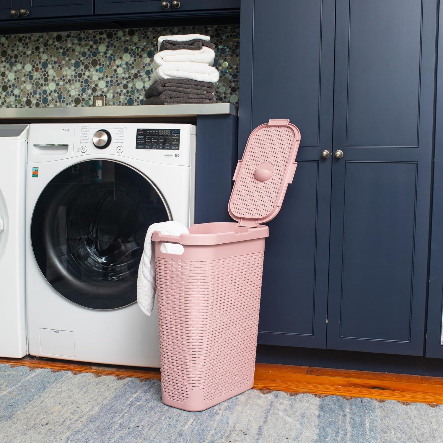 imageMind Reader Slim Laundry Hamper with Lid 40L Clothes Basket Premium Wicker Design Plastic TanPink