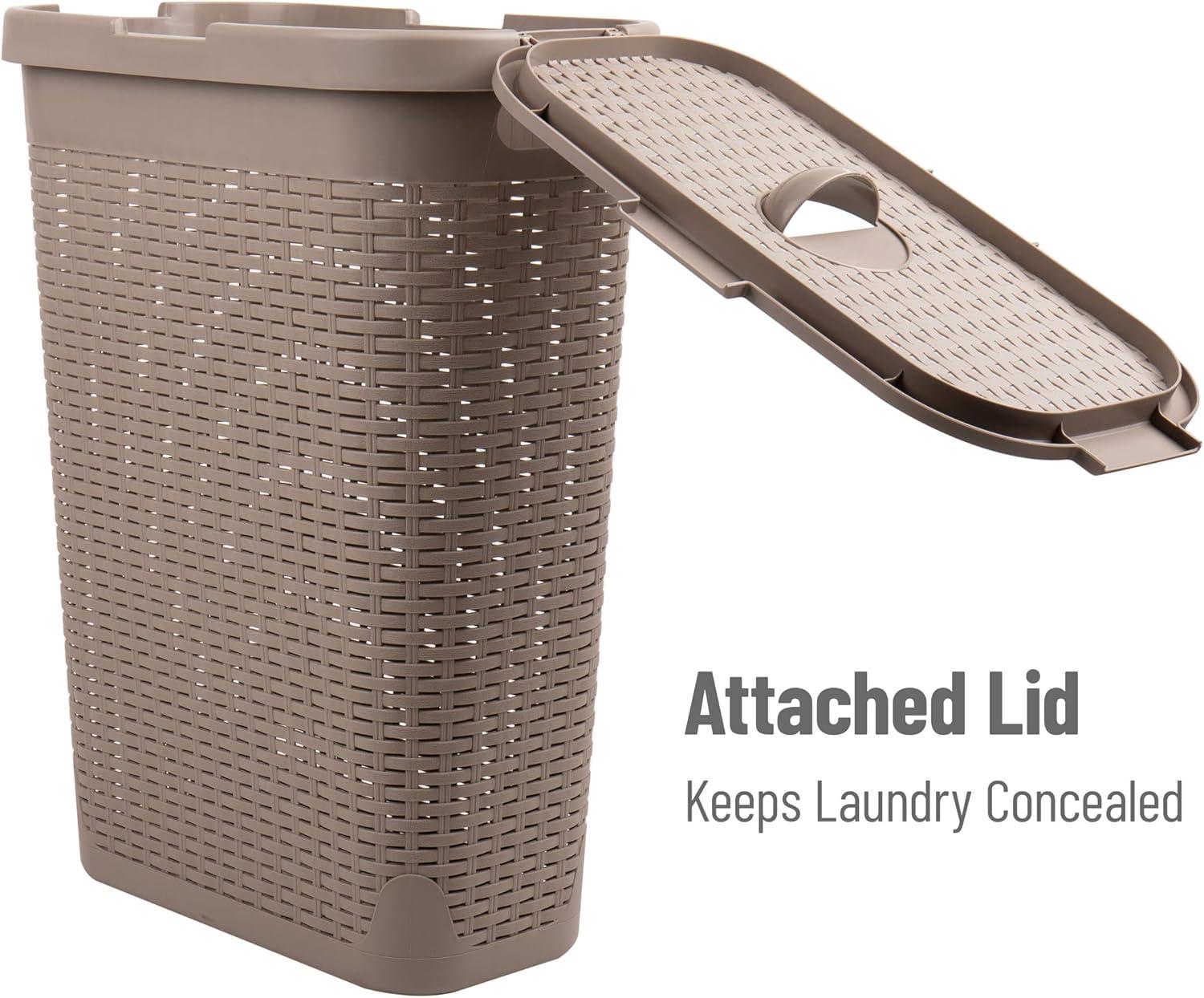 imageMind Reader Slim Laundry Hamper with Lid 40L Clothes Basket Premium Wicker Design Plastic TanTan