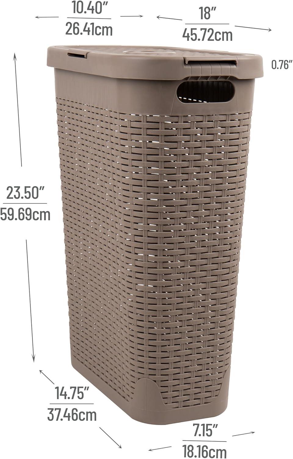 imageMind Reader Slim Laundry Hamper with Lid 40L Clothes Basket Premium Wicker Design Plastic TanTan