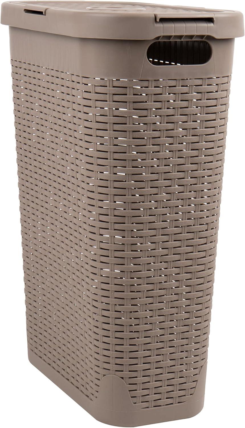 imageMind Reader Slim Laundry Hamper with Lid 40L Clothes Basket Premium Wicker Design Plastic TanTan