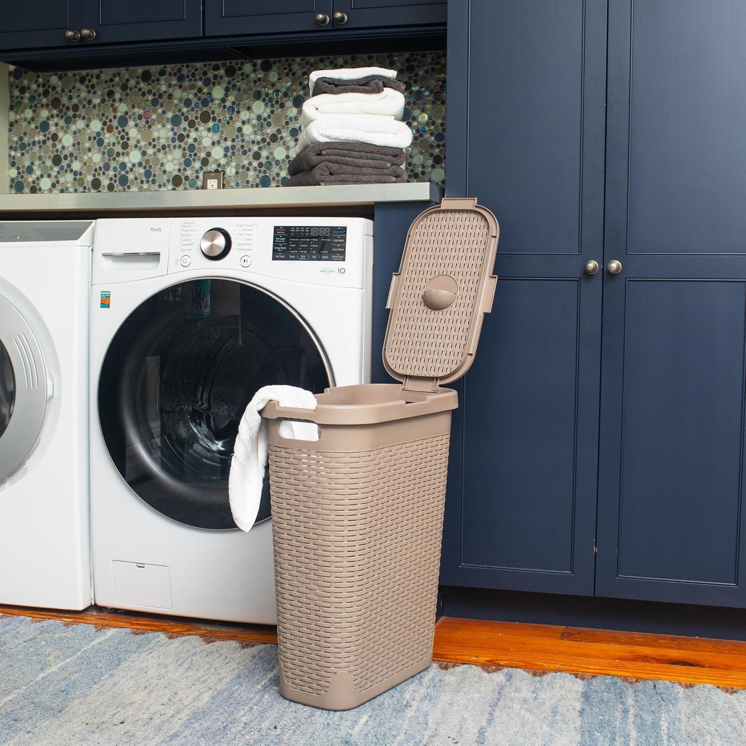 imageMind Reader Slim Laundry Hamper with Lid 40L Clothes Basket Premium Wicker Design Plastic TanTan