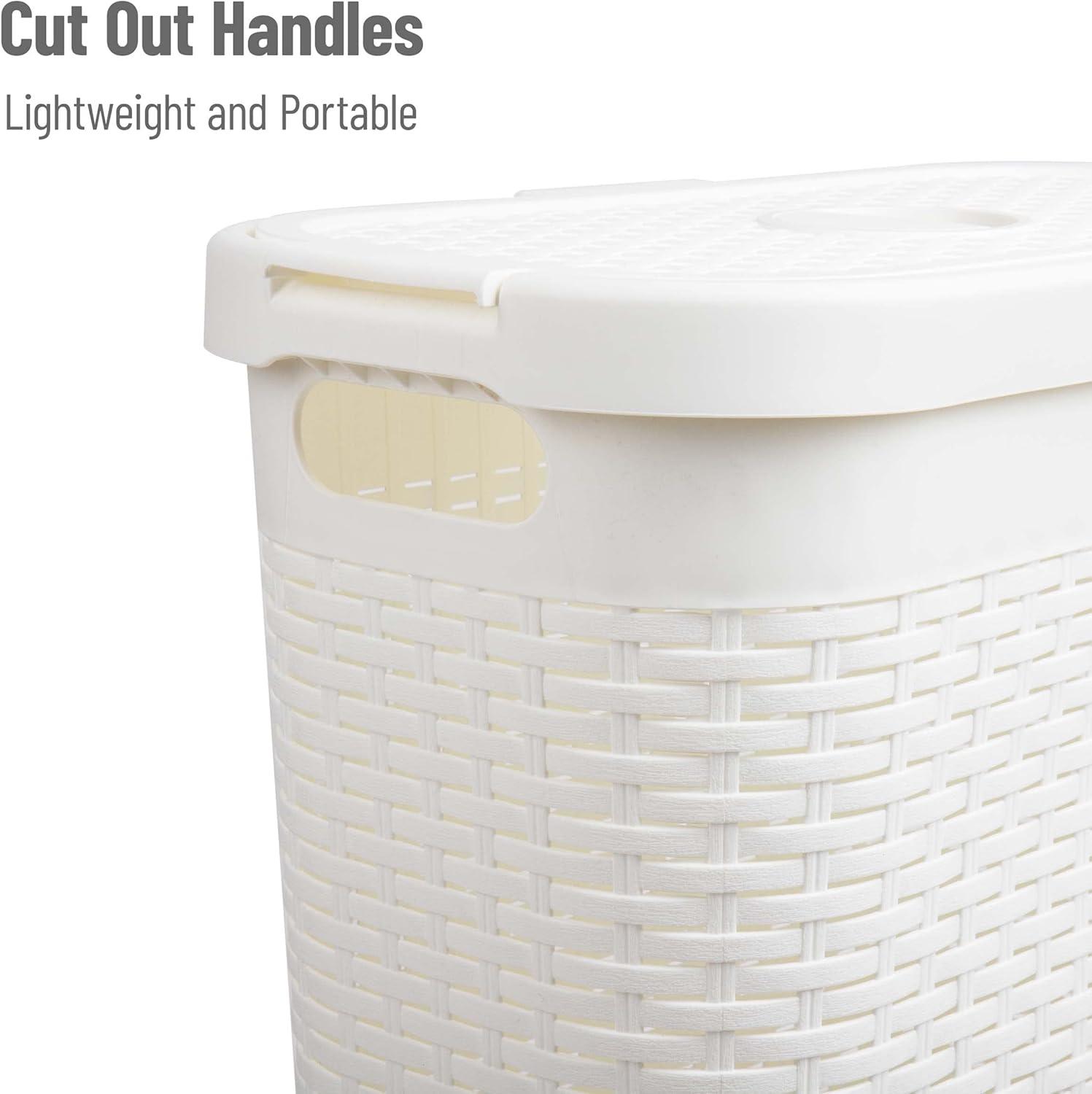 imageMind Reader Slim Laundry Hamper with Lid 40L Clothes Basket Premium Wicker Design Plastic TanWhite