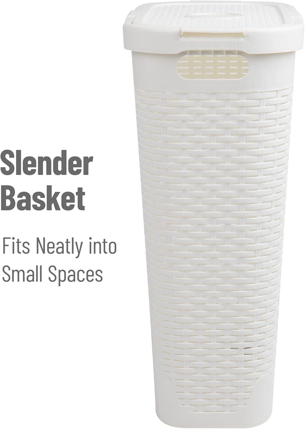 imageMind Reader Slim Laundry Hamper with Lid 40L Clothes Basket Premium Wicker Design Plastic TanWhite