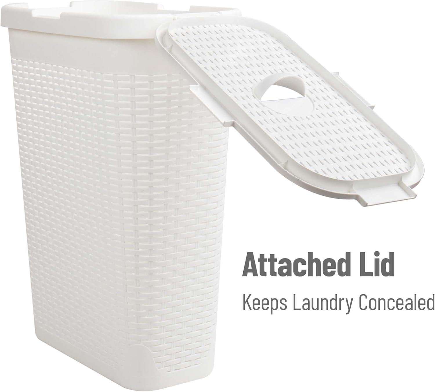 imageMind Reader Slim Laundry Hamper with Lid 40L Clothes Basket Premium Wicker Design Plastic TanWhite