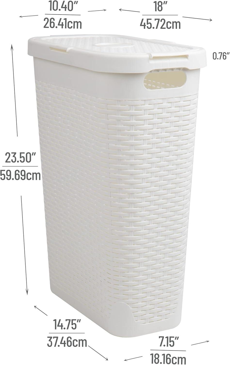 imageMind Reader Slim Laundry Hamper with Lid 40L Clothes Basket Premium Wicker Design Plastic TanWhite