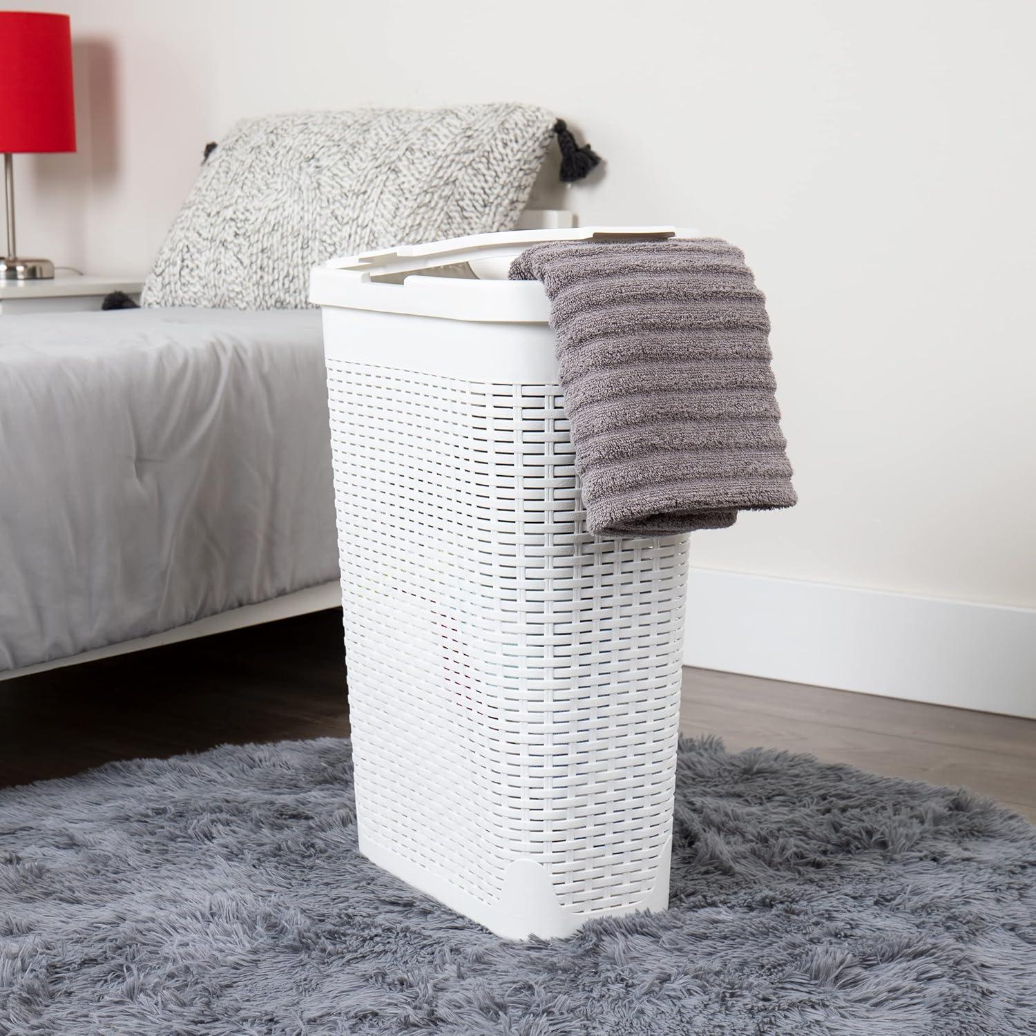 imageMind Reader Slim Laundry Hamper with Lid 40L Clothes Basket Premium Wicker Design Plastic TanWhite