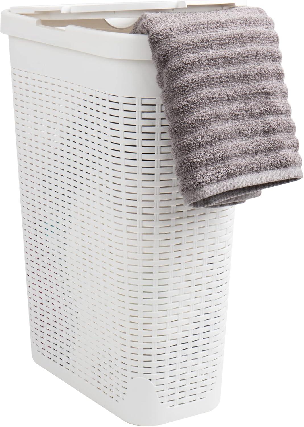 imageMind Reader Slim Laundry Hamper with Lid 40L Clothes Basket Premium Wicker Design Plastic TanWhite
