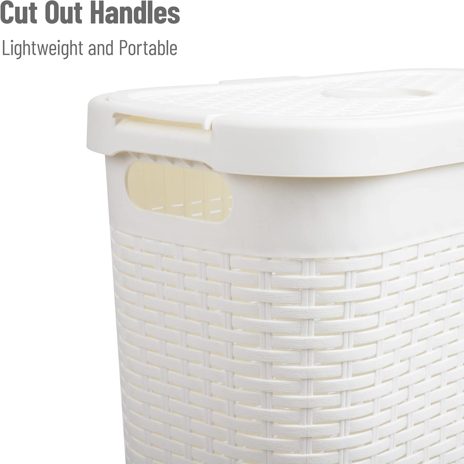imageMind Reader Slim Laundry Hamper with Lid 40L Clothes Basket Premium Wicker Design Plastic TanWhite