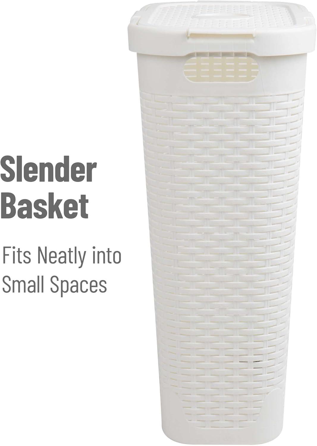 imageMind Reader Slim Laundry Hamper with Lid 40L Clothes Basket Premium Wicker Design Plastic TanWhite