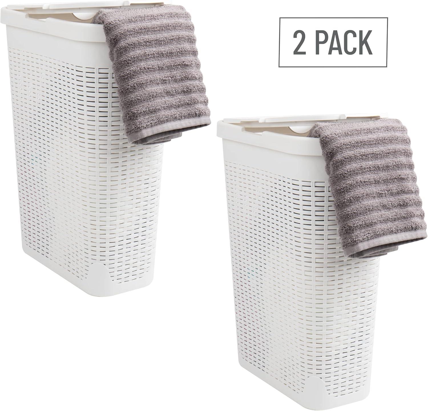imageMind Reader Slim Laundry Hamper with Lid 40L Clothes Basket Premium Wicker Design Plastic TanWhite