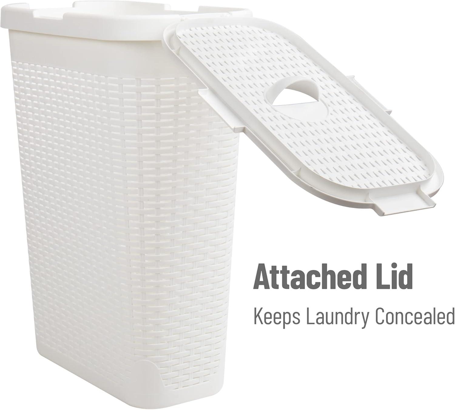 imageMind Reader Slim Laundry Hamper with Lid 40L Clothes Basket Premium Wicker Design Plastic TanWhite