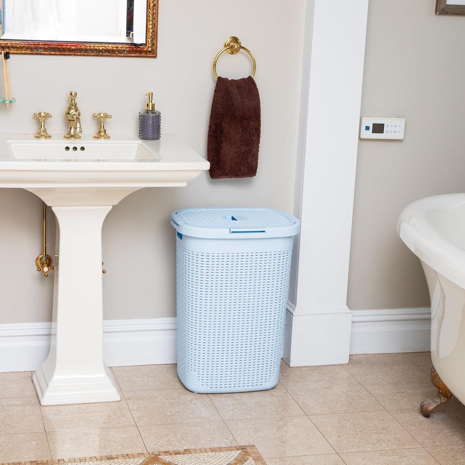 imageMind Reader Slim Laundry Hamper with Lid 60L Clothes Basket Premium Wicker Design Plastic TanBaby Blue