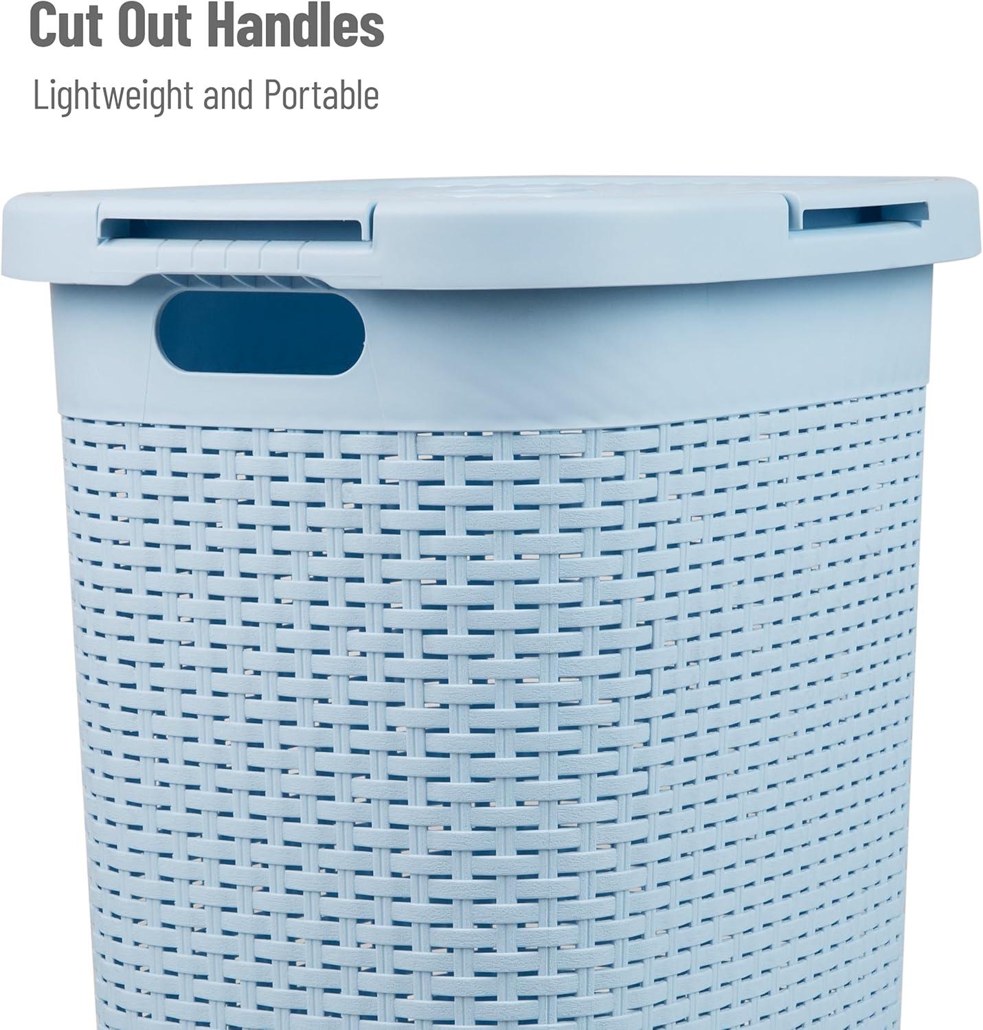 imageMind Reader Slim Laundry Hamper with Lid 60L Clothes Basket Premium Wicker Design Plastic TanBaby Blue
