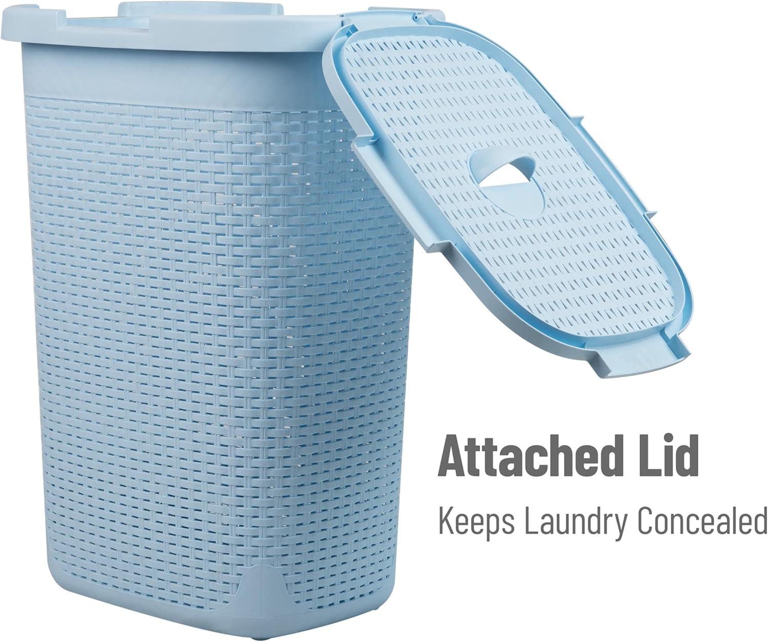 imageMind Reader Slim Laundry Hamper with Lid 60L Clothes Basket Premium Wicker Design Plastic TanBaby Blue