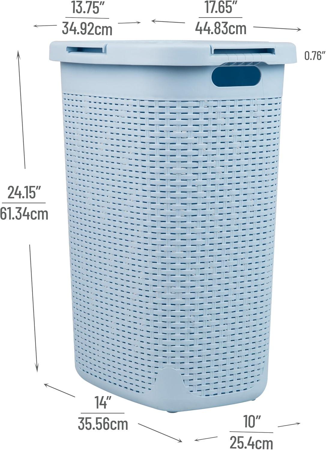 imageMind Reader Slim Laundry Hamper with Lid 60L Clothes Basket Premium Wicker Design Plastic TanBaby Blue