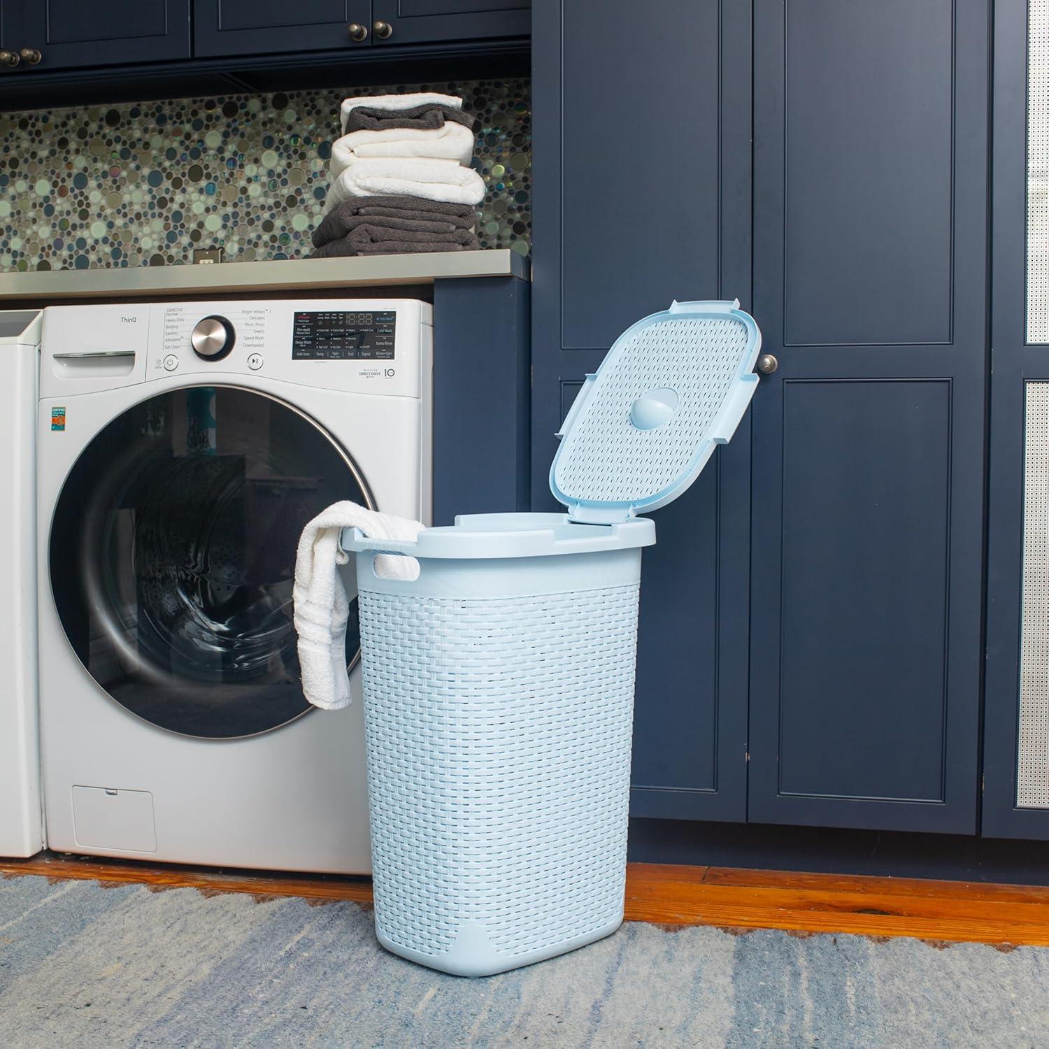 imageMind Reader Slim Laundry Hamper with Lid 60L Clothes Basket Premium Wicker Design Plastic TanBaby Blue