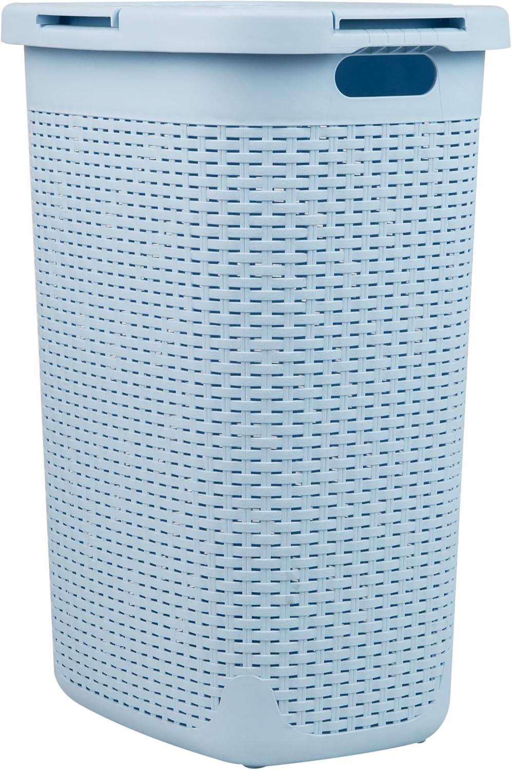 imageMind Reader Slim Laundry Hamper with Lid 60L Clothes Basket Premium Wicker Design Plastic TanBaby Blue