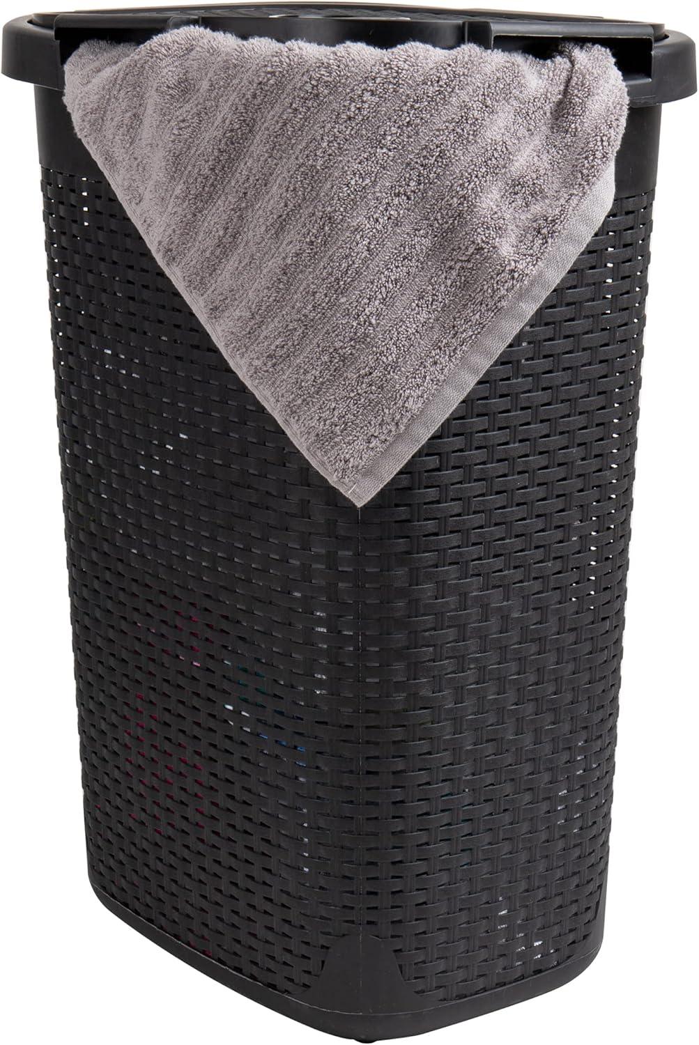 imageMind Reader Slim Laundry Hamper with Lid 60L Clothes Basket Premium Wicker Design Plastic TanBlack
