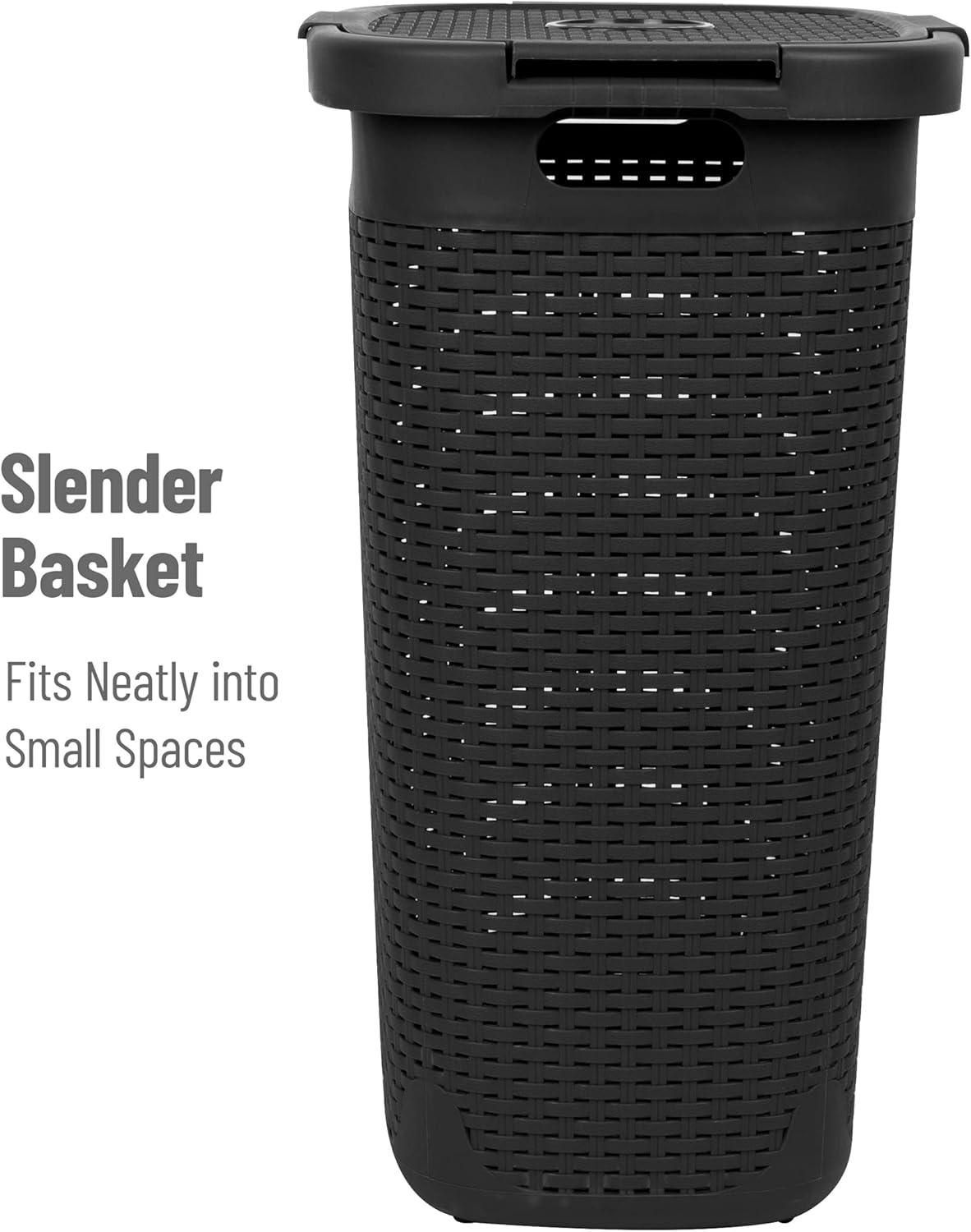 imageMind Reader Slim Laundry Hamper with Lid 60L Clothes Basket Premium Wicker Design Plastic TanBlack