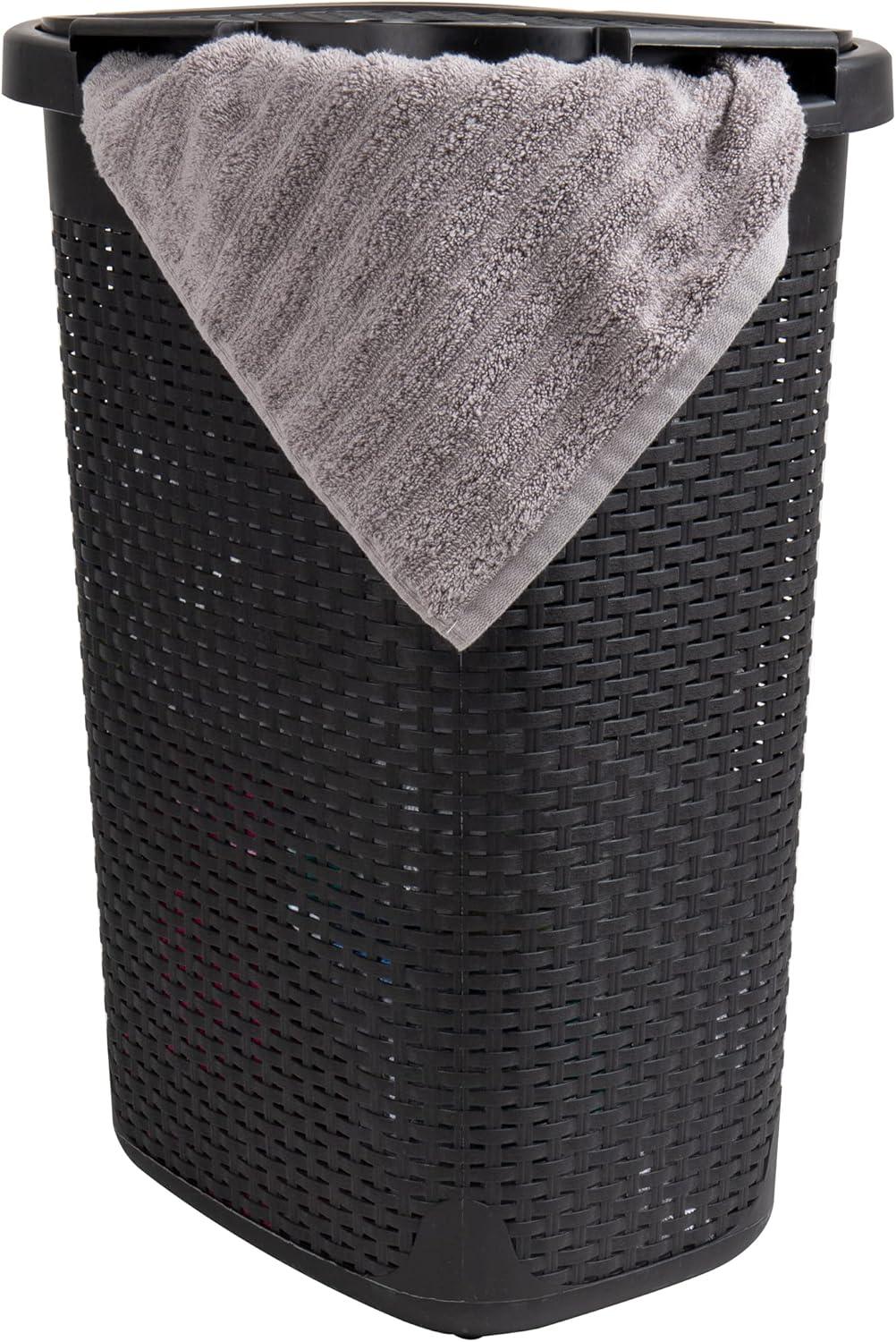 imageMind Reader Slim Laundry Hamper with Lid 60L Clothes Basket Premium Wicker Design Plastic TanBlack