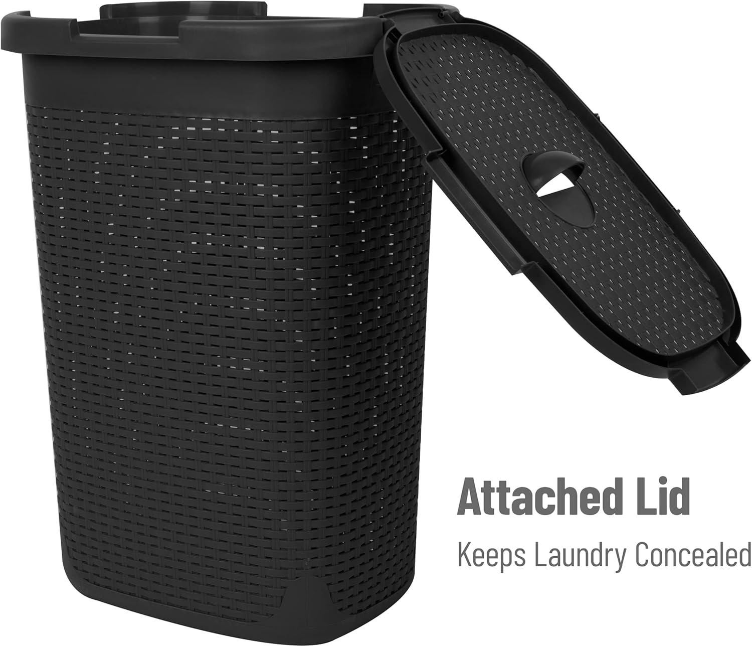 imageMind Reader Slim Laundry Hamper with Lid 60L Clothes Basket Premium Wicker Design Plastic TanBlack