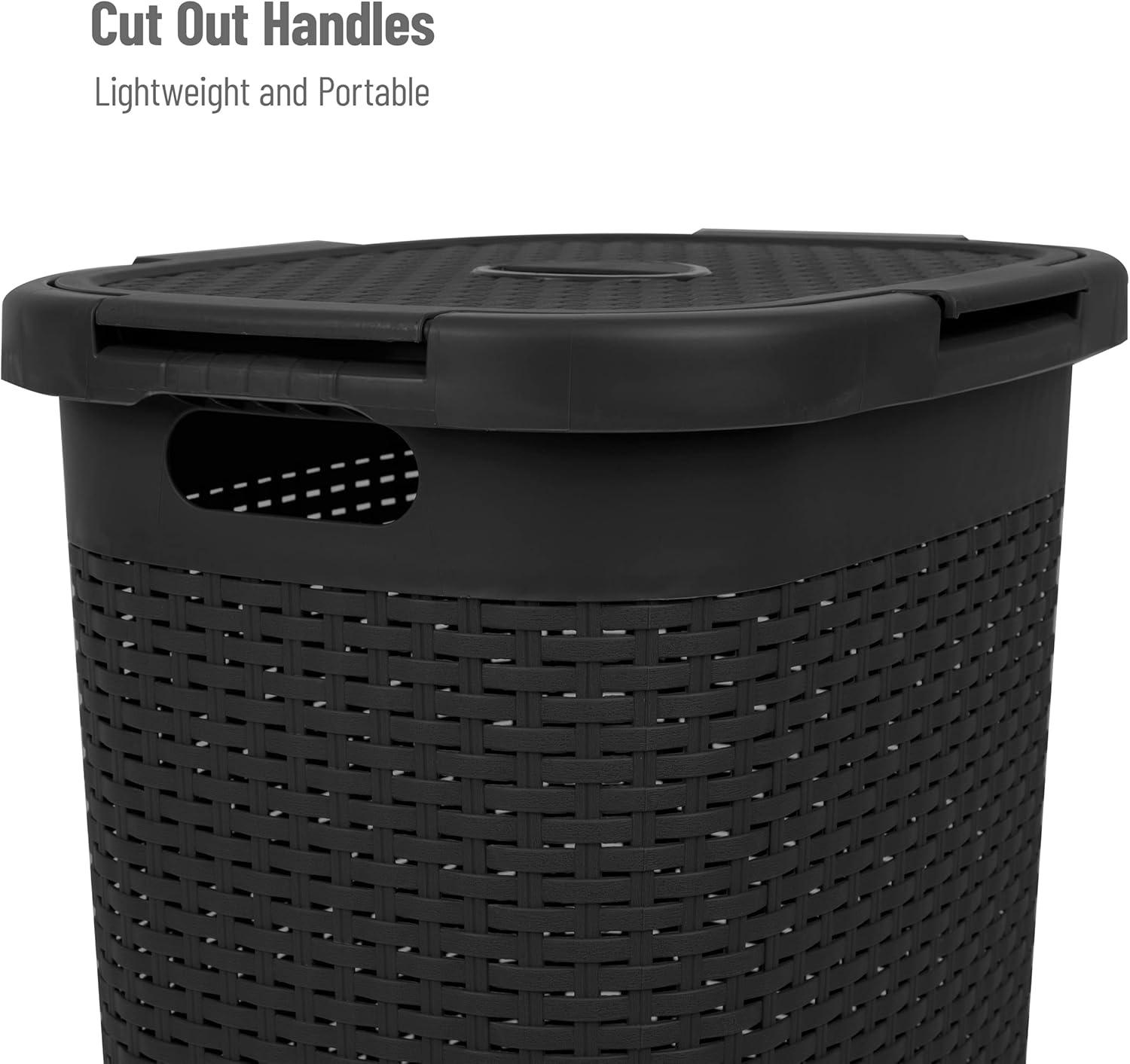 imageMind Reader Slim Laundry Hamper with Lid 60L Clothes Basket Premium Wicker Design Plastic TanBlack
